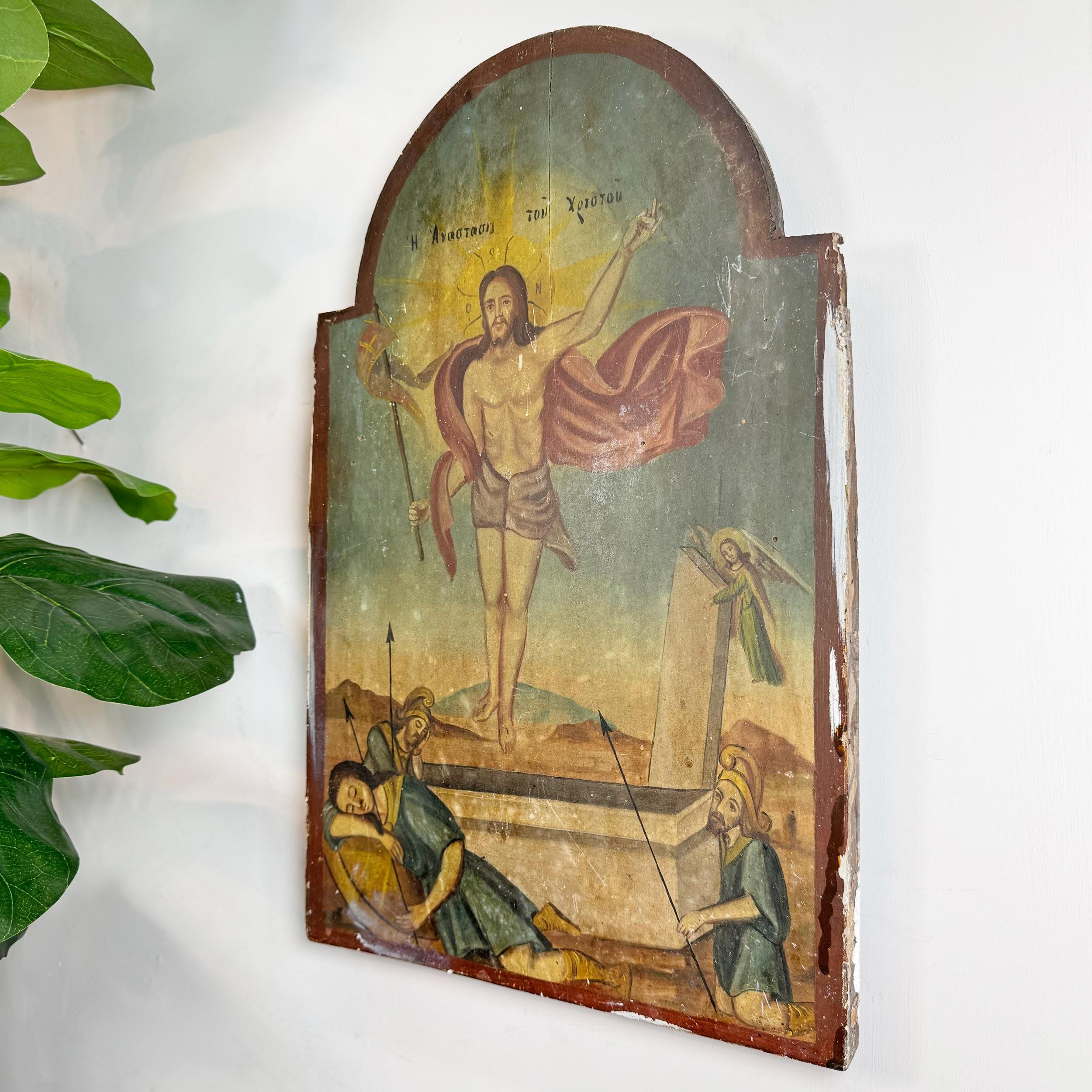 Grec Icone sur carton du XVIIIe siècle représentant la Resurrection du Christ en vente