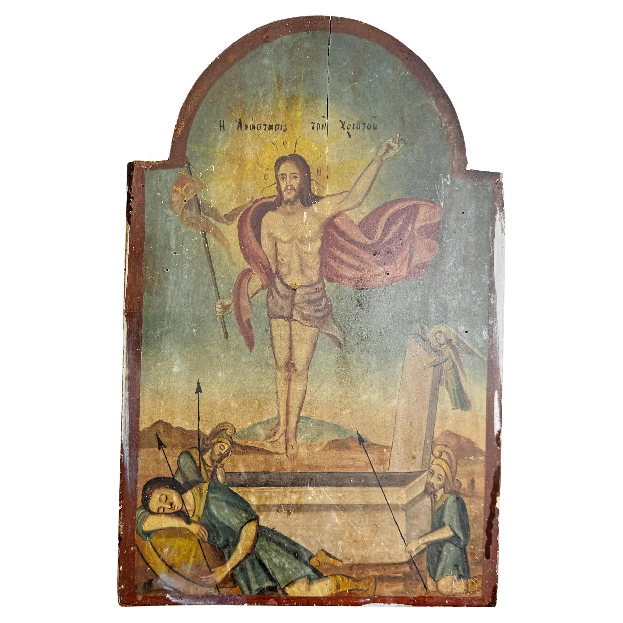 Icone sur carton du XVIIIe siècle représentant la Resurrection du Christ en vente