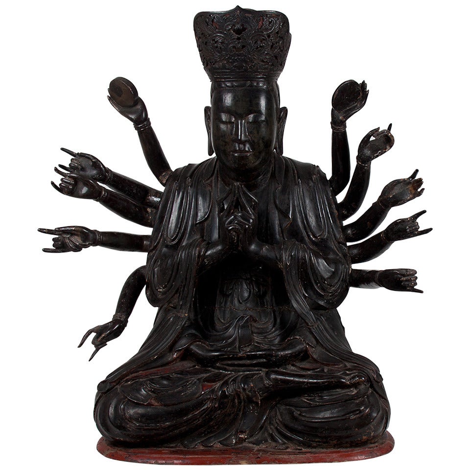 18th Century important Large Wooden 14 Armed Seated Buddha, Quan'am, Vietnam