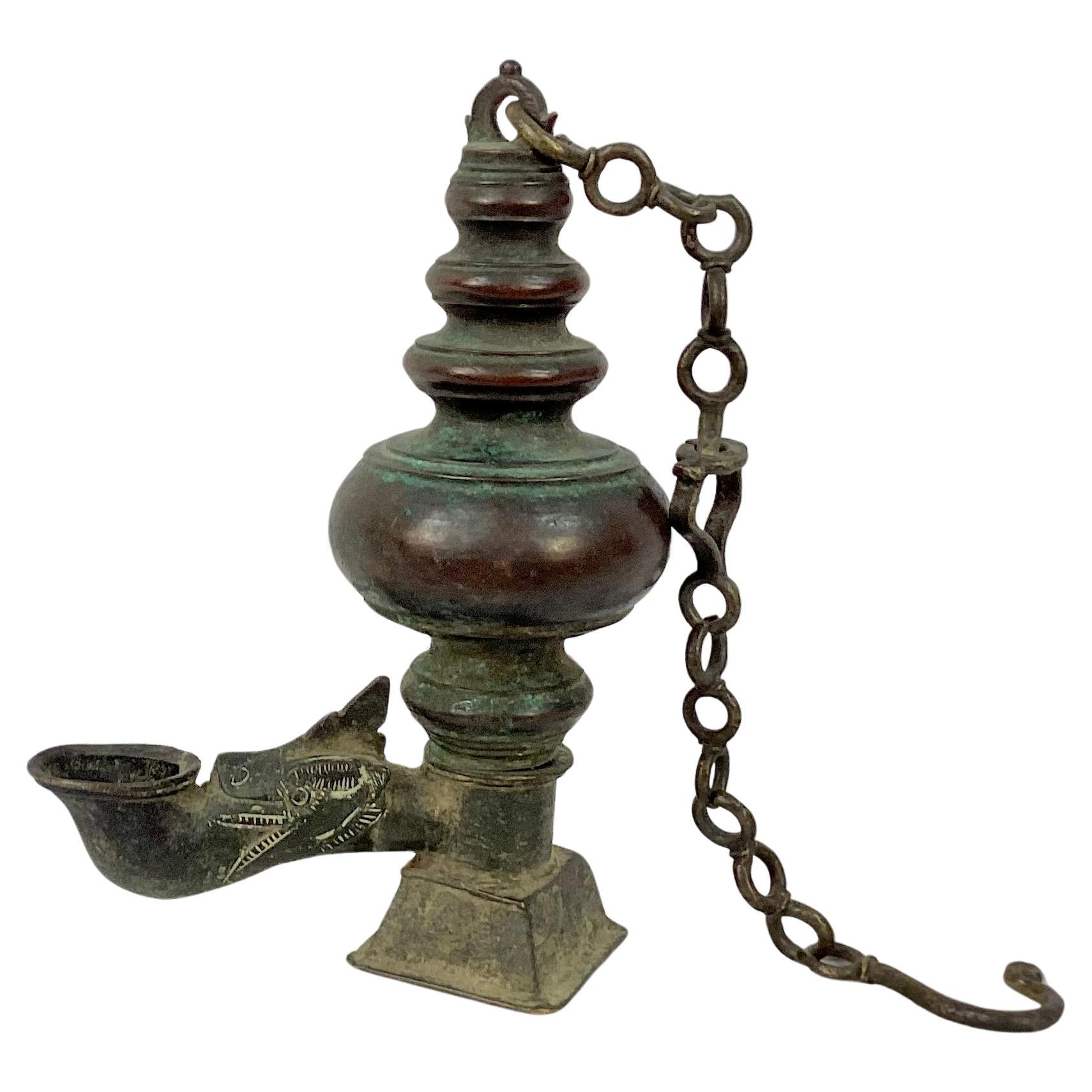 Grand Tour 18th Century India Bronze Hanging Oil Lamp For Sale