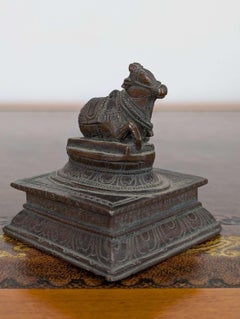 18th Century Indian Devotional Bronze of Sacred Bull on Stepped Pedestal