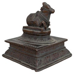 18th Century Indian Devotional Bronze of Sacred Bull on Stepped Pedestal