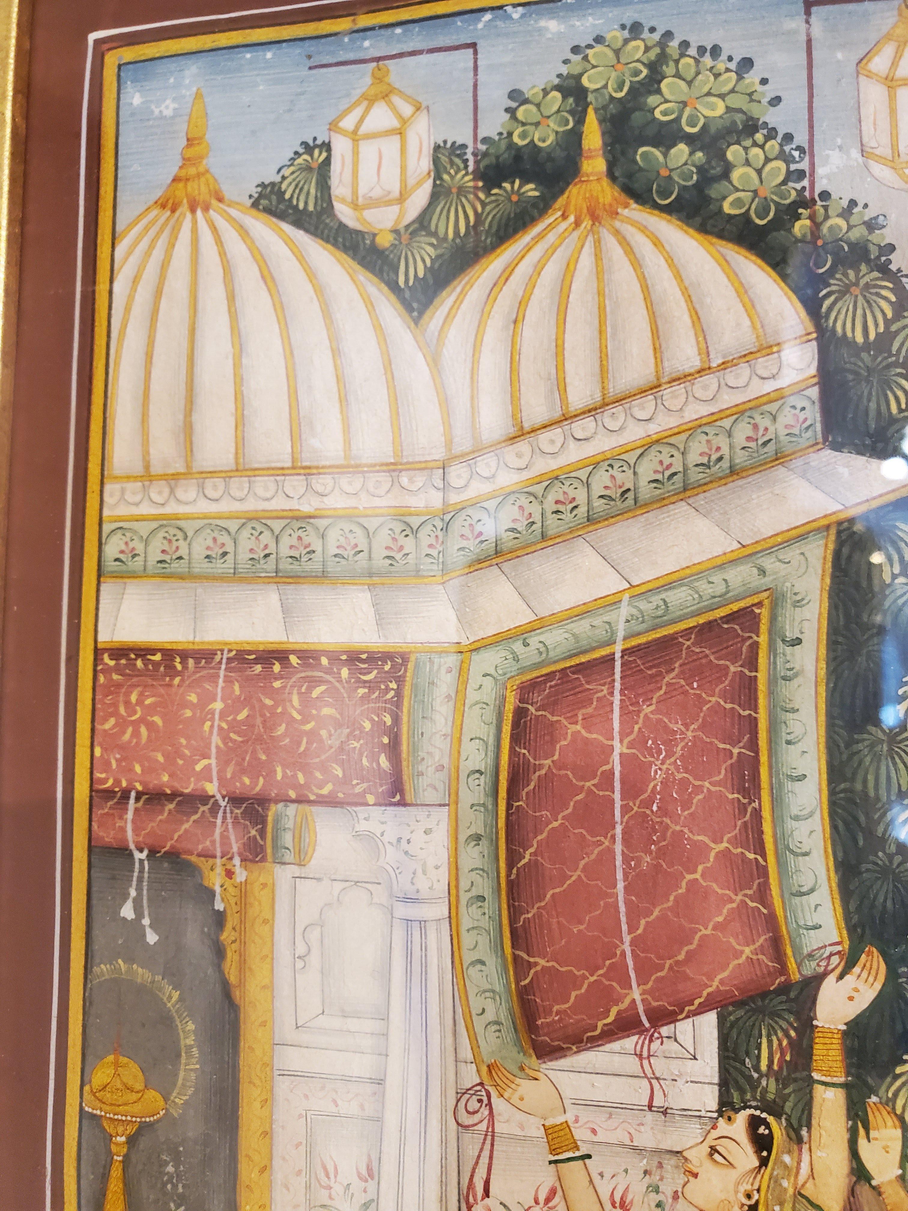 Mitte des 18. Jahrhunderts Indischer Hof Gouache-Gemälde mit Gold vergoldetem Rahmen im Angebot 1