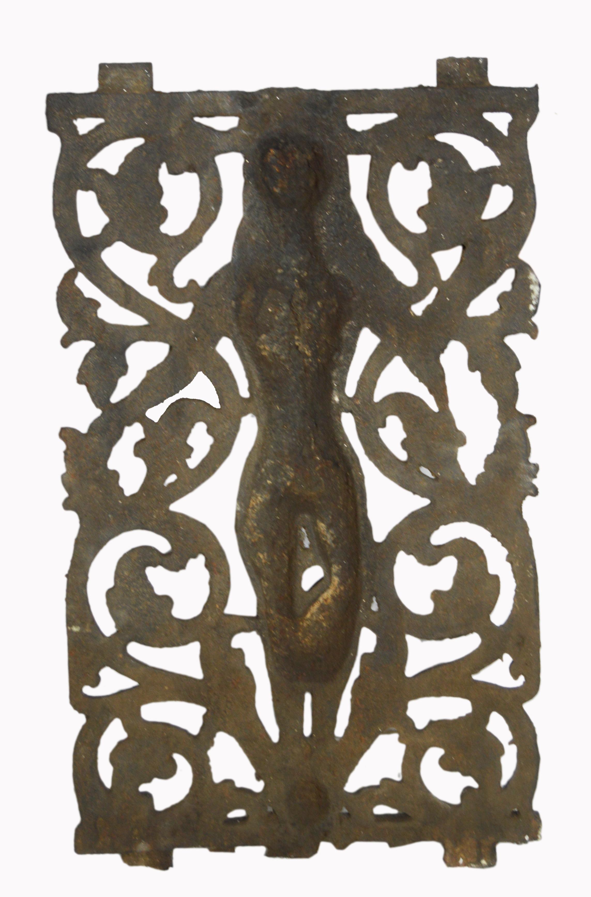 18th Century Indian Iron Temple Window Gate Plaque with Fretwork and Woman 1