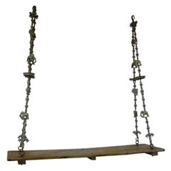 18th Century Indian Swing of Four Bronze Decorated Chains and Wooden Platform