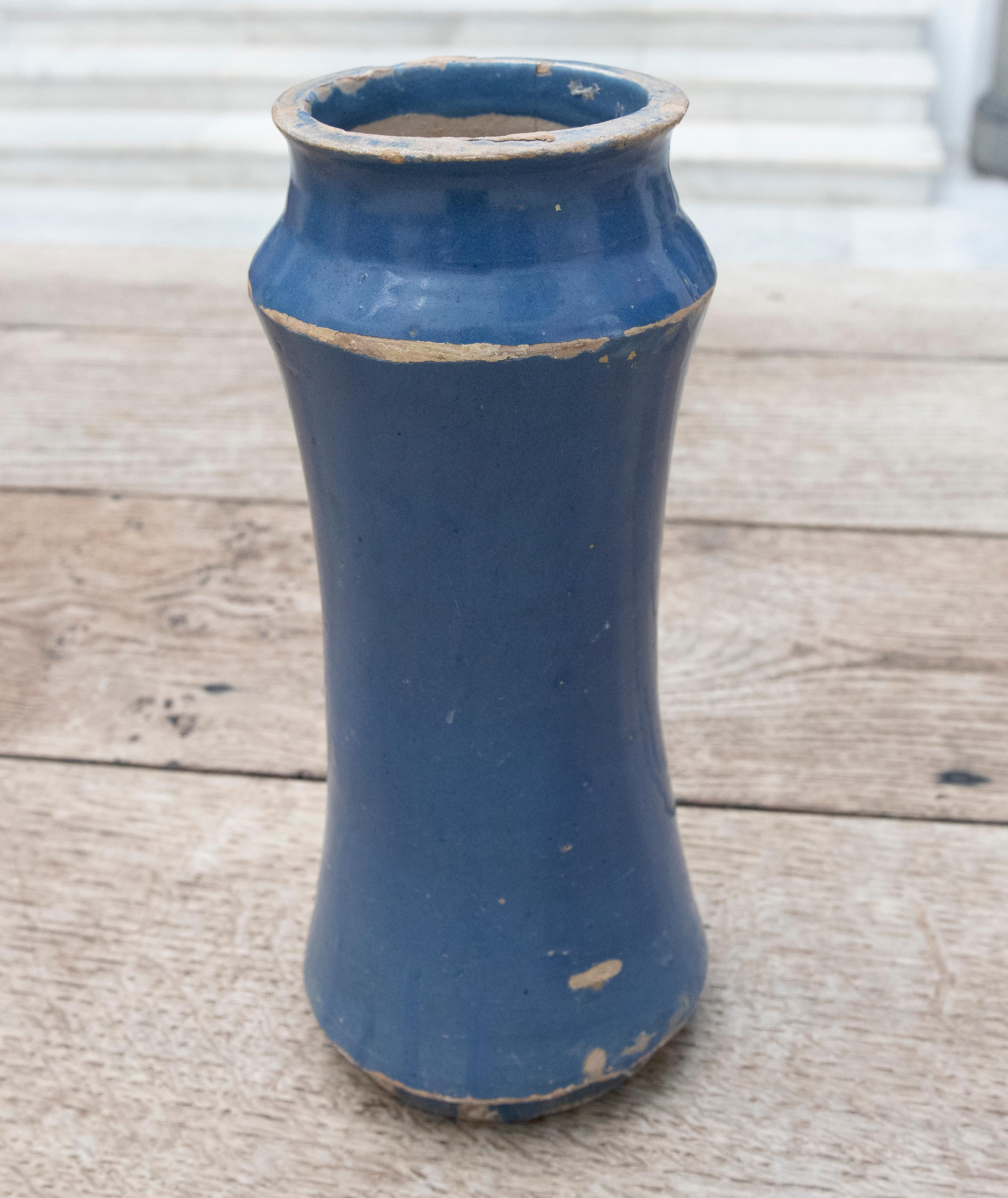 Spanish 18th Century Indigo Blue Glazed Ceramic Jar For Sale