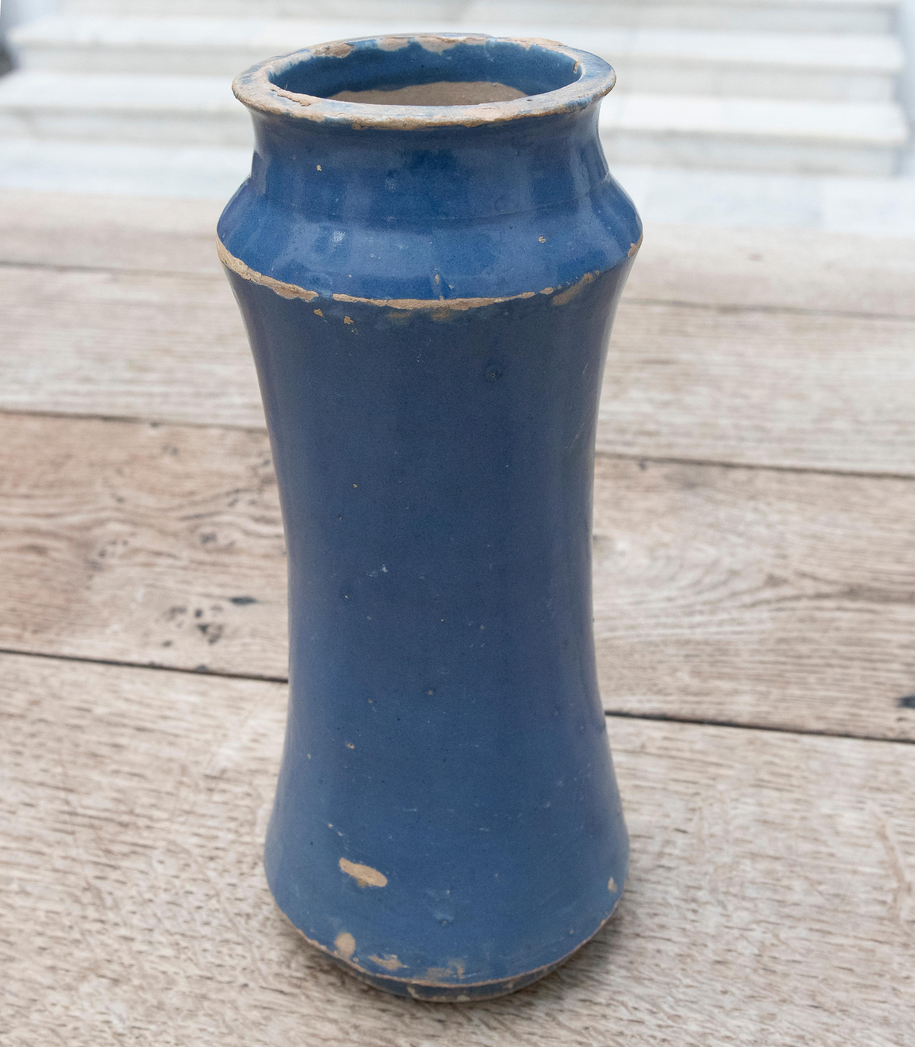 18th Century and Earlier 18th Century Indigo Blue Glazed Ceramic Jar For Sale