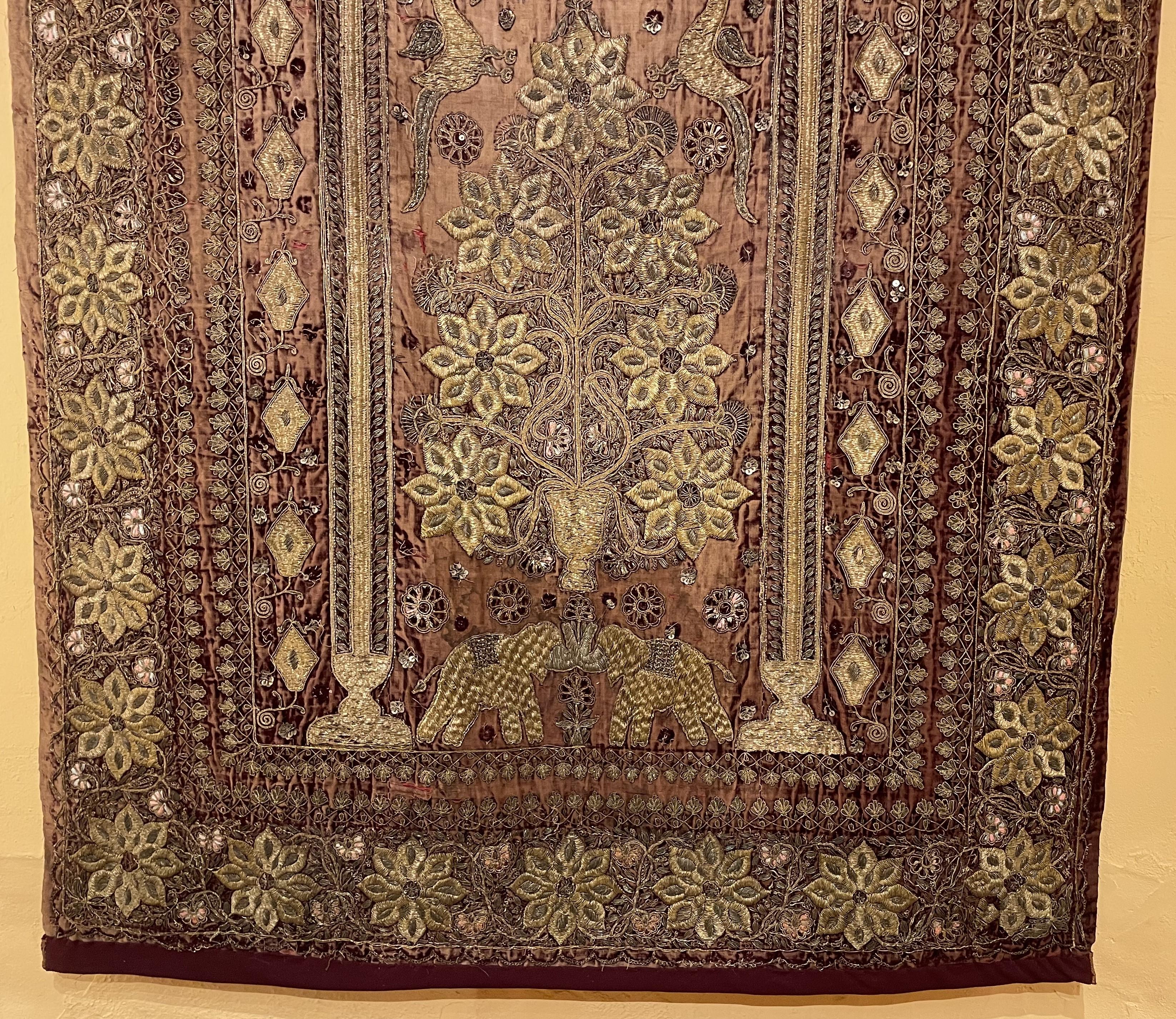 Spectacular 18th century Indo-Portuguese embroidery
gold thread work on burgundy silk velvet decorated with elephants, birds and floral motifs,
exceptionally fine work. Our first in 40 years
In excellent condition.
Museum quality.
