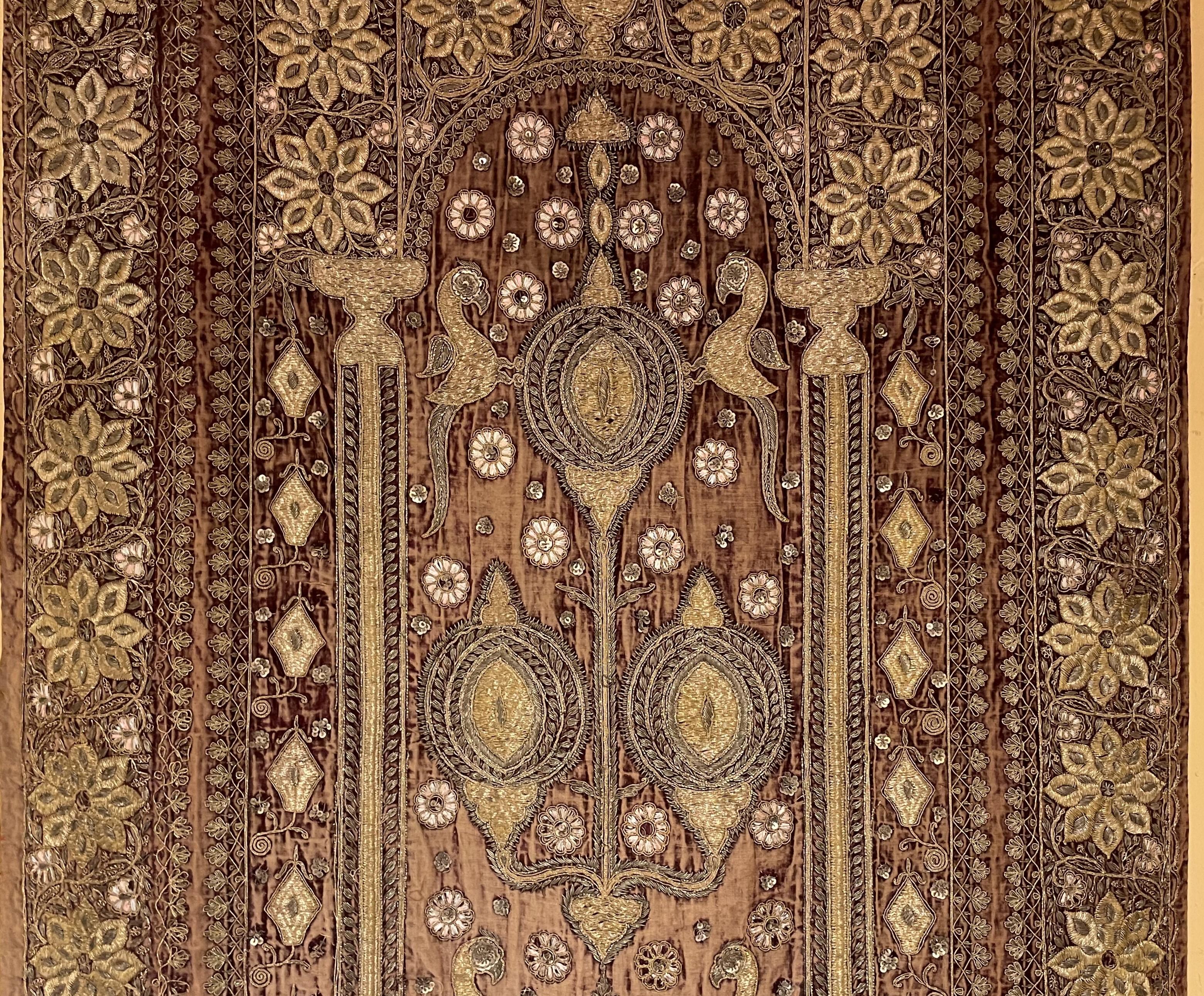 Portuguese 18th Century Indo-portuguese Embroidery In Gold Thread On Velvet For Sale