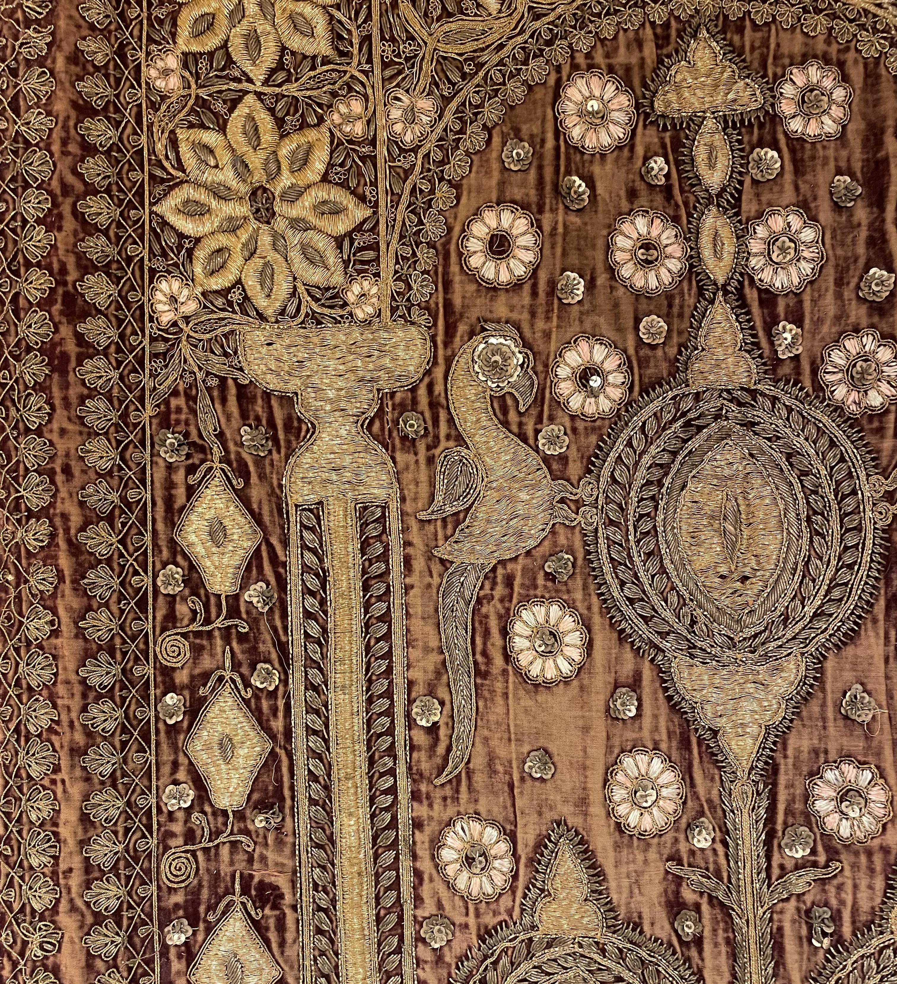 Silk 18th Century Indo-portuguese Embroidery In Gold Thread On Velvet For Sale