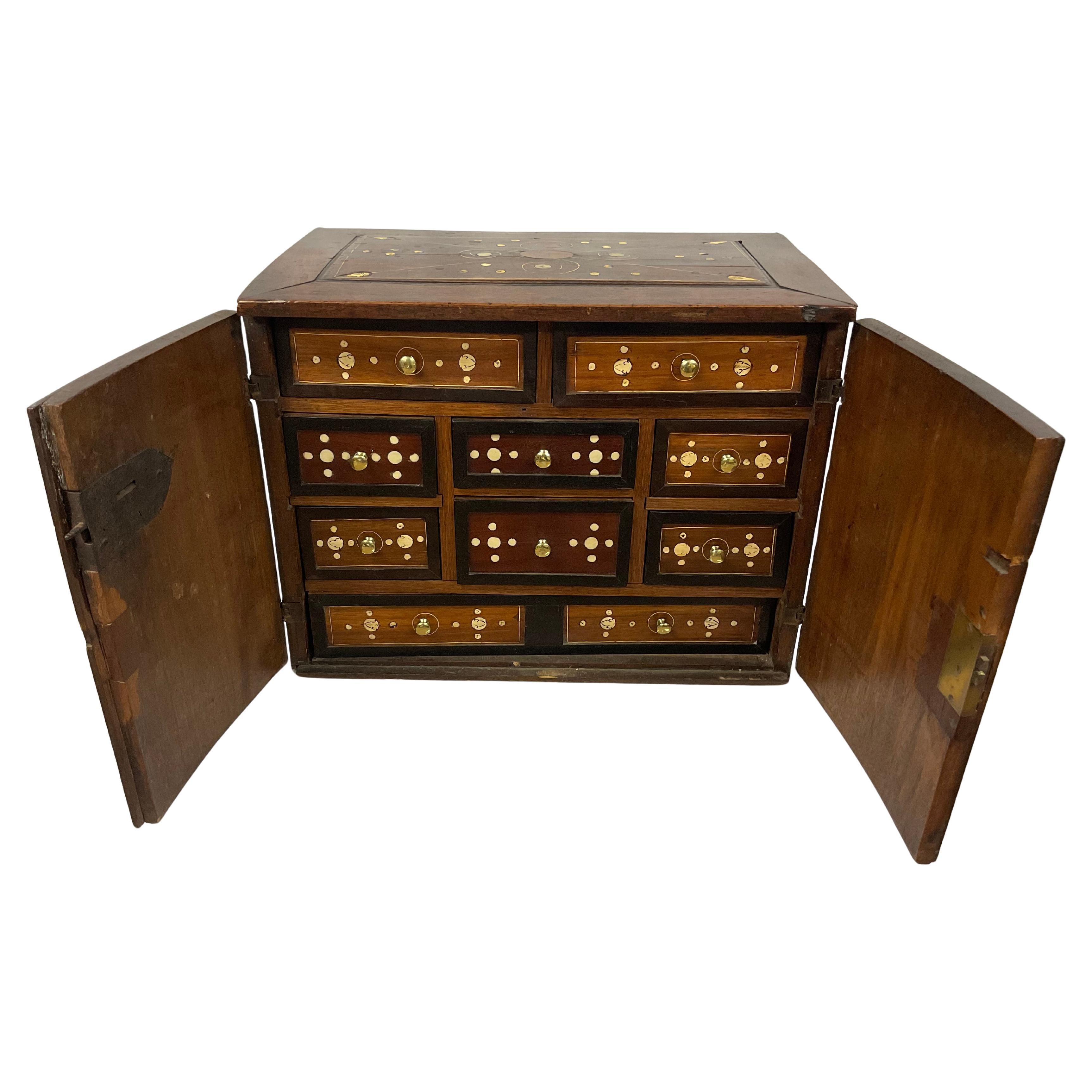Queen Anne 18th Century Inlaid Bone and MOP Walnut Table Cabinet For Sale