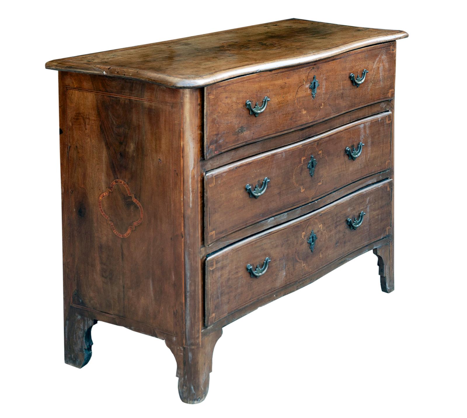 Marquetry 18th Century Inlaid Italian Walnut Three Drawer Chest/ Lined Drawers For Sale