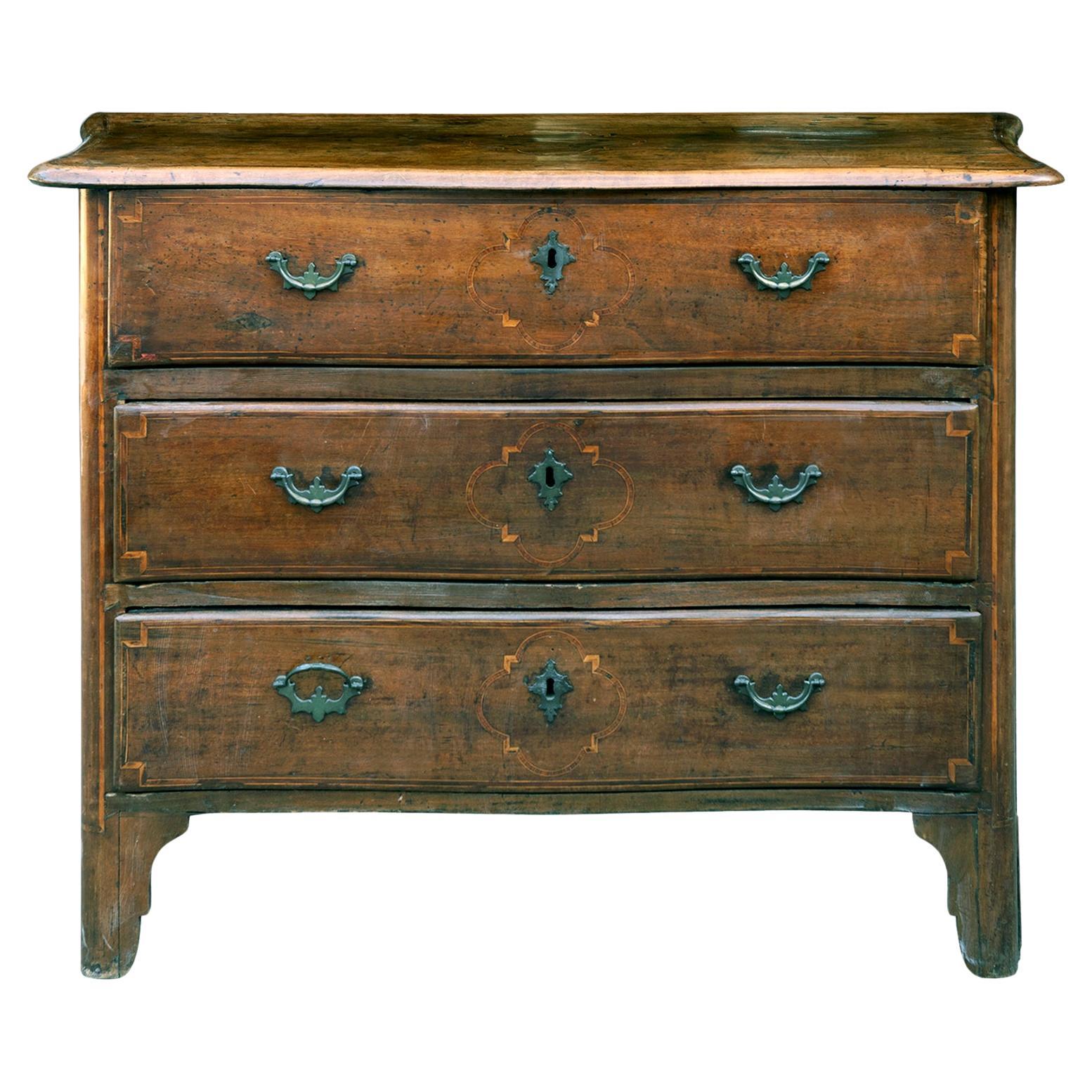 18th Century Inlaid Italian Walnut Three Drawer Chest/ Lined Drawers For Sale
