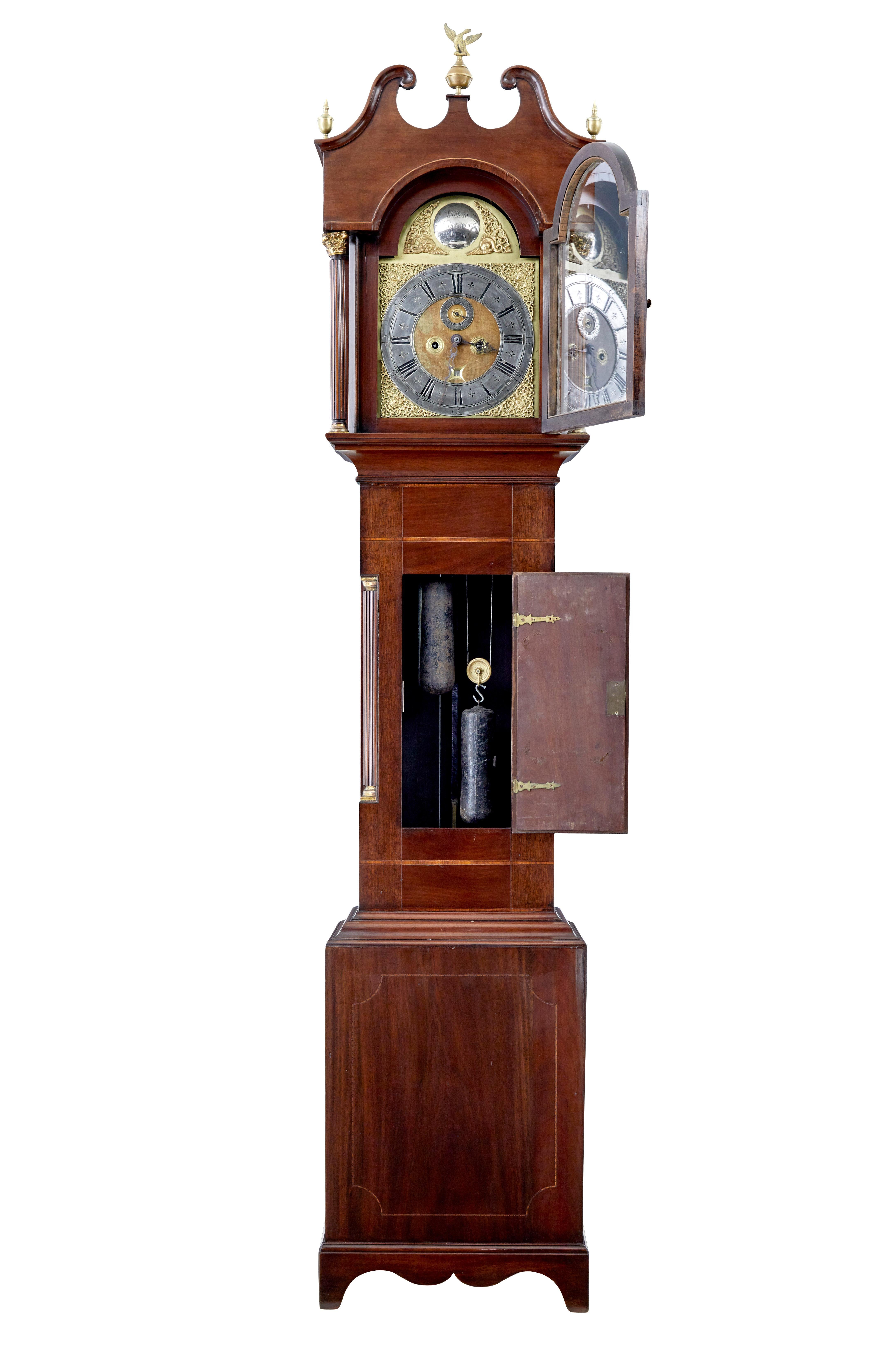 18th century inlaid mahogany long case clock by william underwood of london circa 1760.

Excellent quality clock by renowned London maker William Underwood circa 1760. Second hand dial and date. Original wind on arm. Stringing all round outer edge,