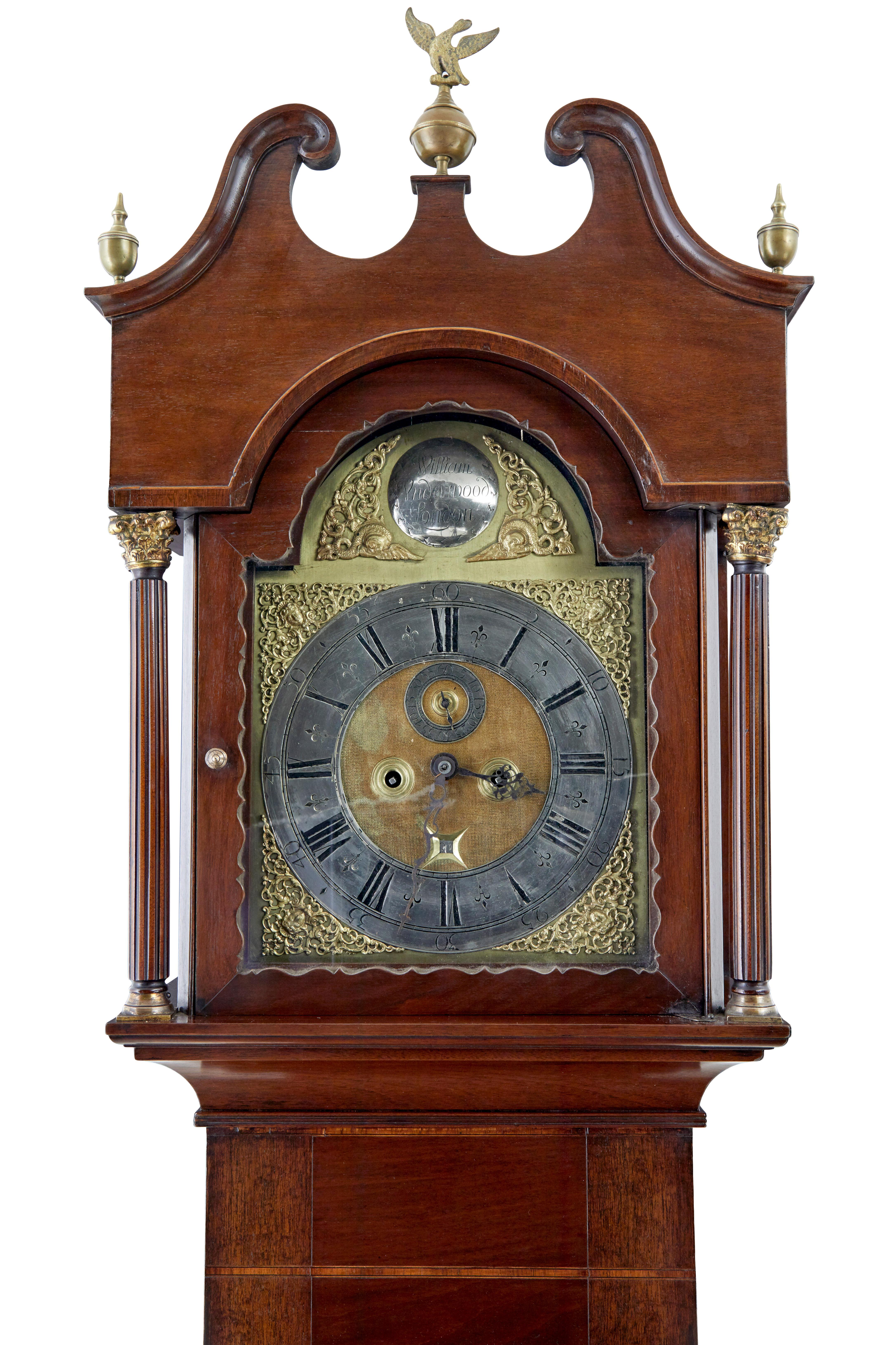 18th century inlaid mahogany long case clock by William Underwood In Good Condition For Sale In Debenham, Suffolk