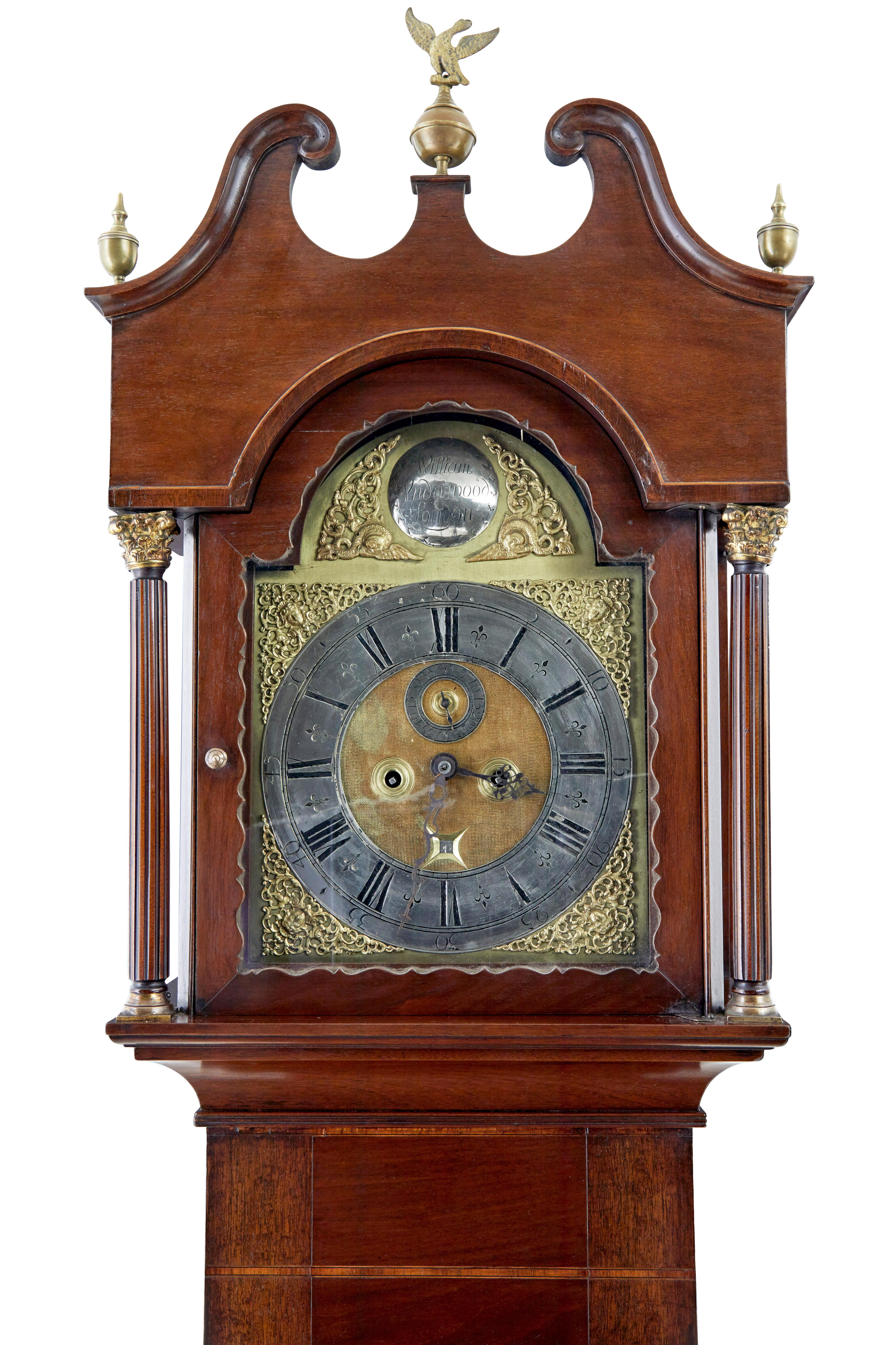 Brass 18th Century inlaid mahogany long case clock by William Underwood For Sale