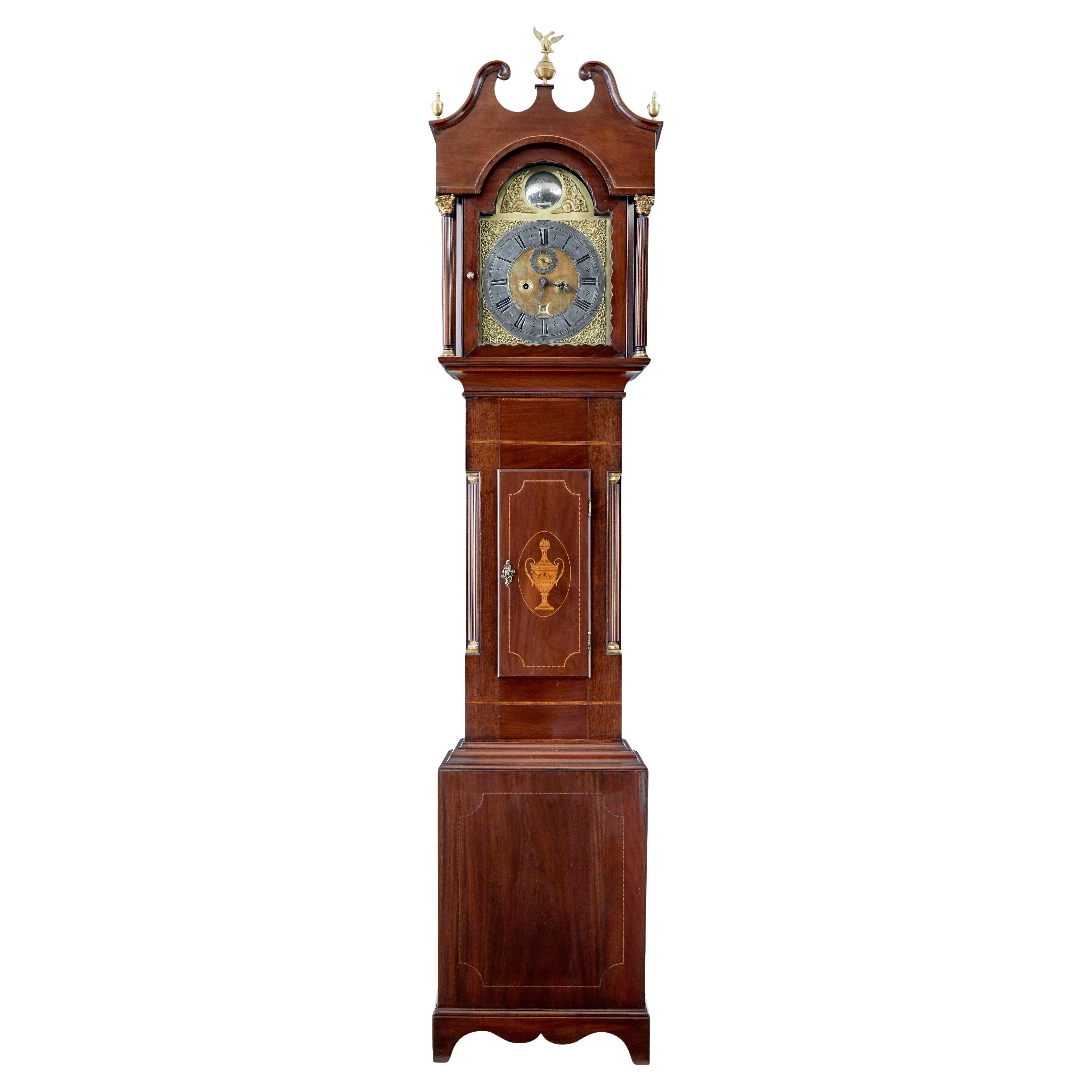 18th century inlaid mahogany long case clock by William Underwood For Sale
