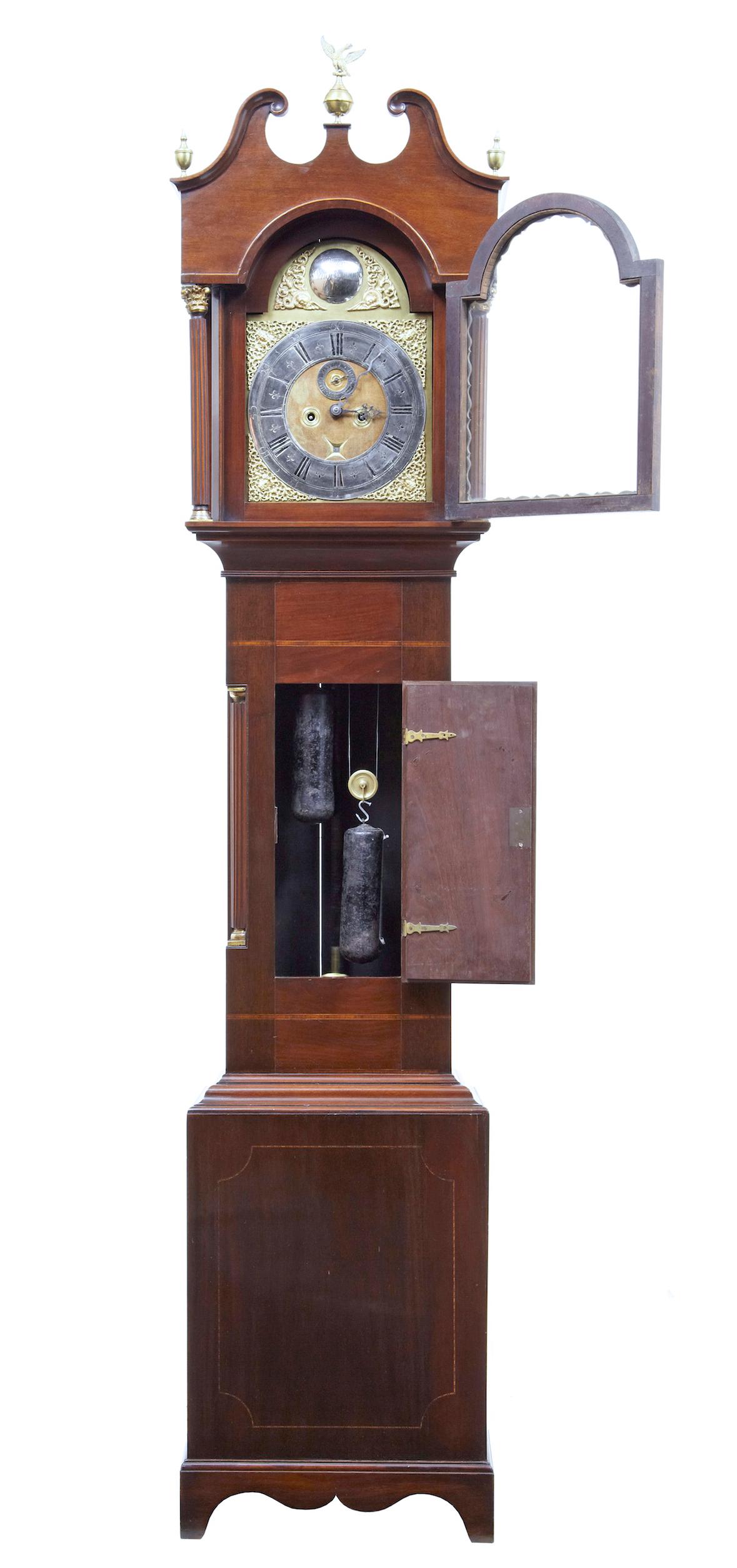 18th century inlaid mahogany long case clock by William Underwood of London, circa 1760.

Excellent quality clock by renowned London maker William Underwood, circa 1760. Second hand dial and date. Original wind on arm. Stringing all round outer