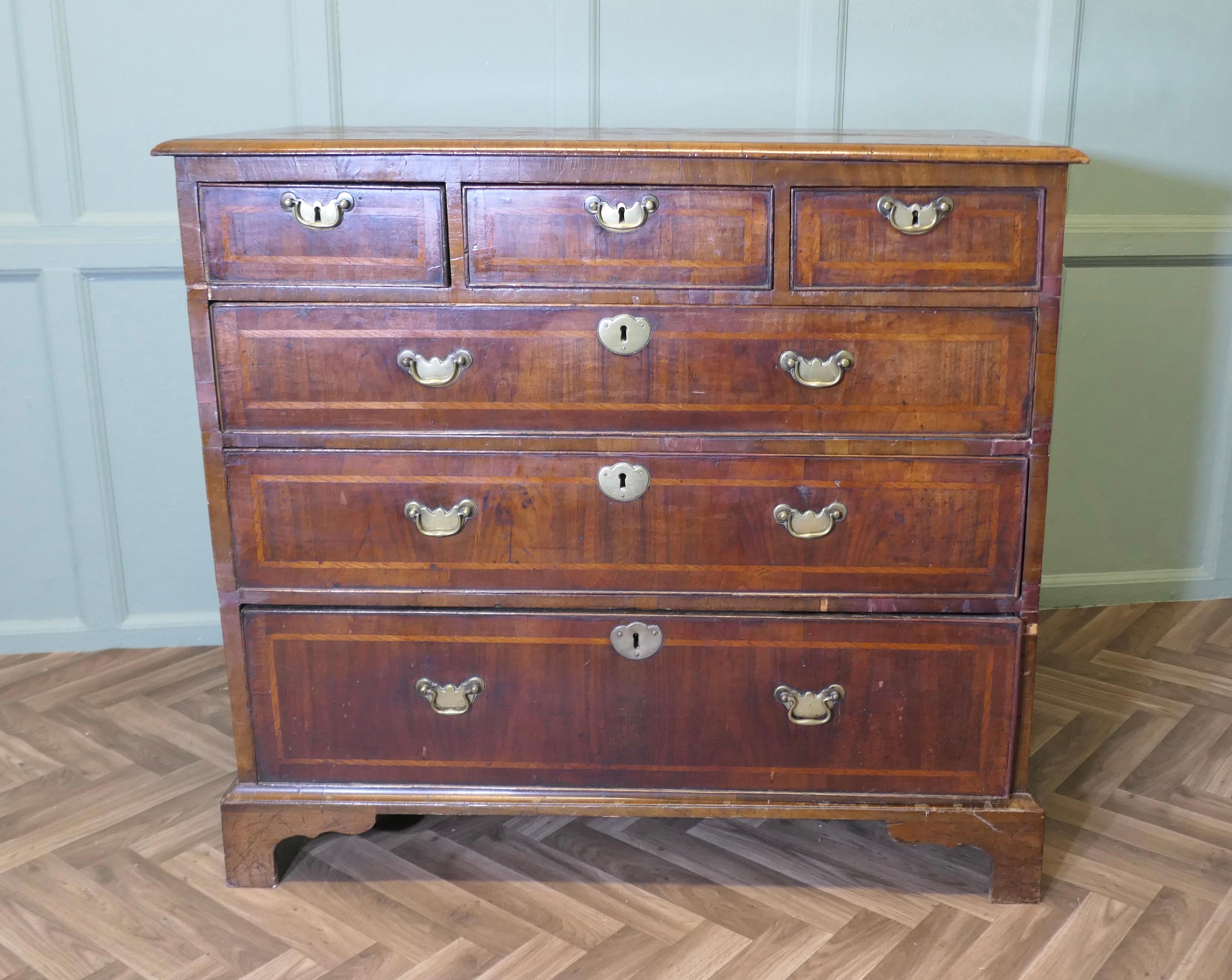 Kommode aus Nussbaum und Satinholz mit Intarsien aus dem 18. 

Dies ist ein wunderbar aussehendes Stück, die Truhe ist in Nussbaum die Furniere sind von feinster Qualität, sie sind hervorragend aufeinander abgestimmt. Das Oberteil der Kommode und