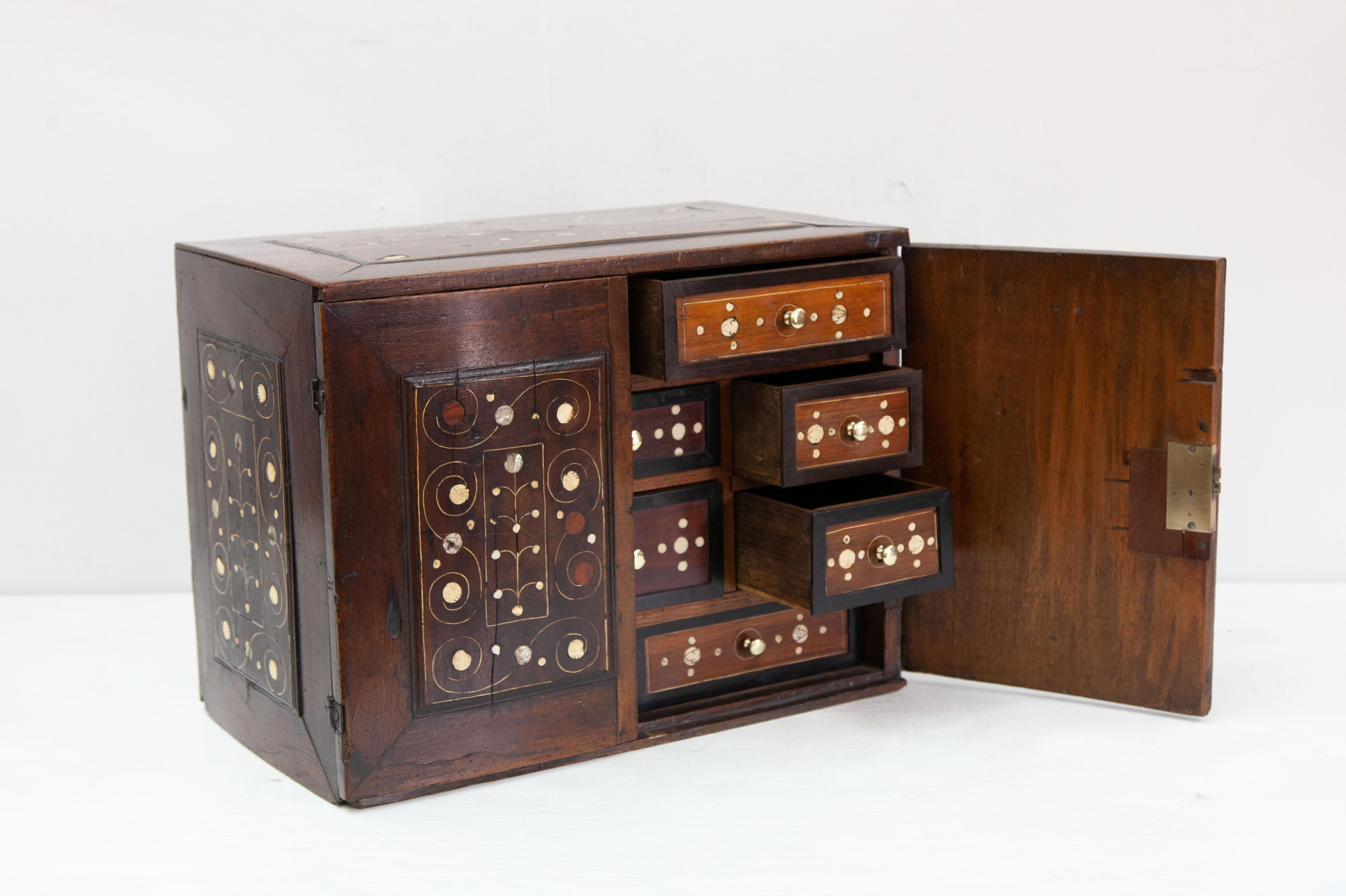 Brass 18th Century Inlaid Walnut Fitted Cabinet For Sale