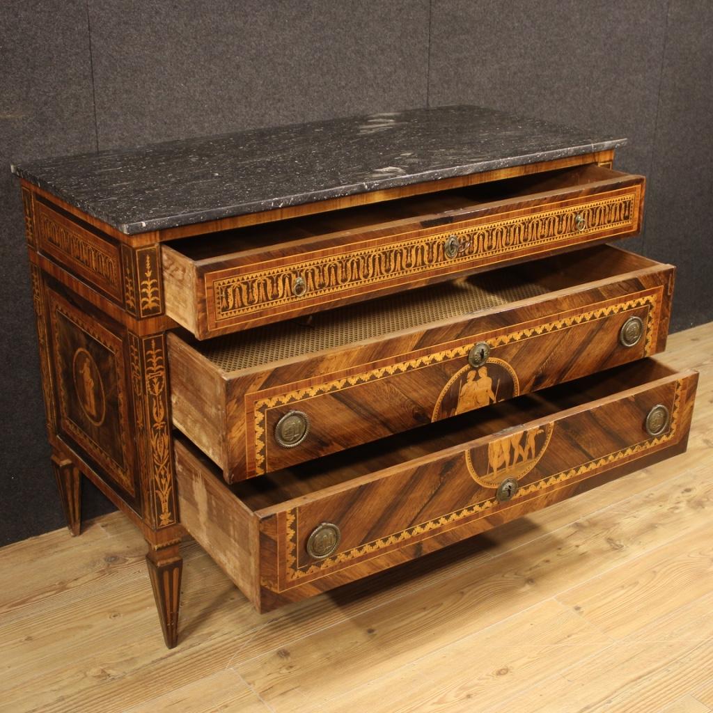 18th Century Inlaid Wood with Marble Top Italian Louis XVI Dresser, 1780 In Fair Condition In Vicoforte, Piedmont