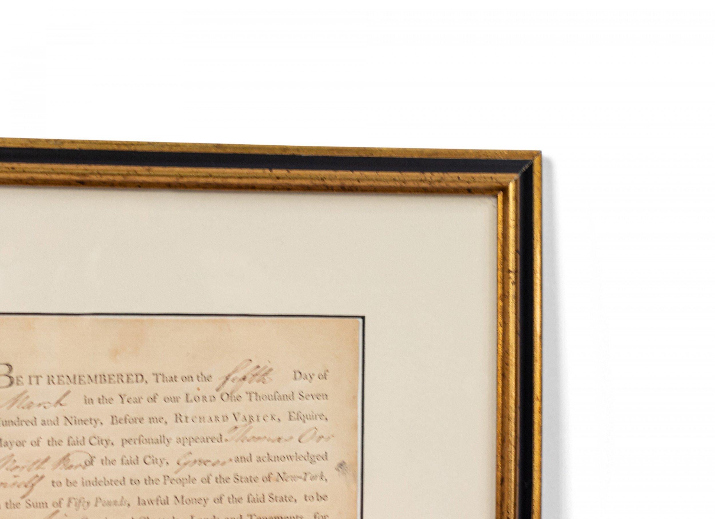 Original 1790 NY state inn license letterpressed in a faux gilt and lacquer frame.
    