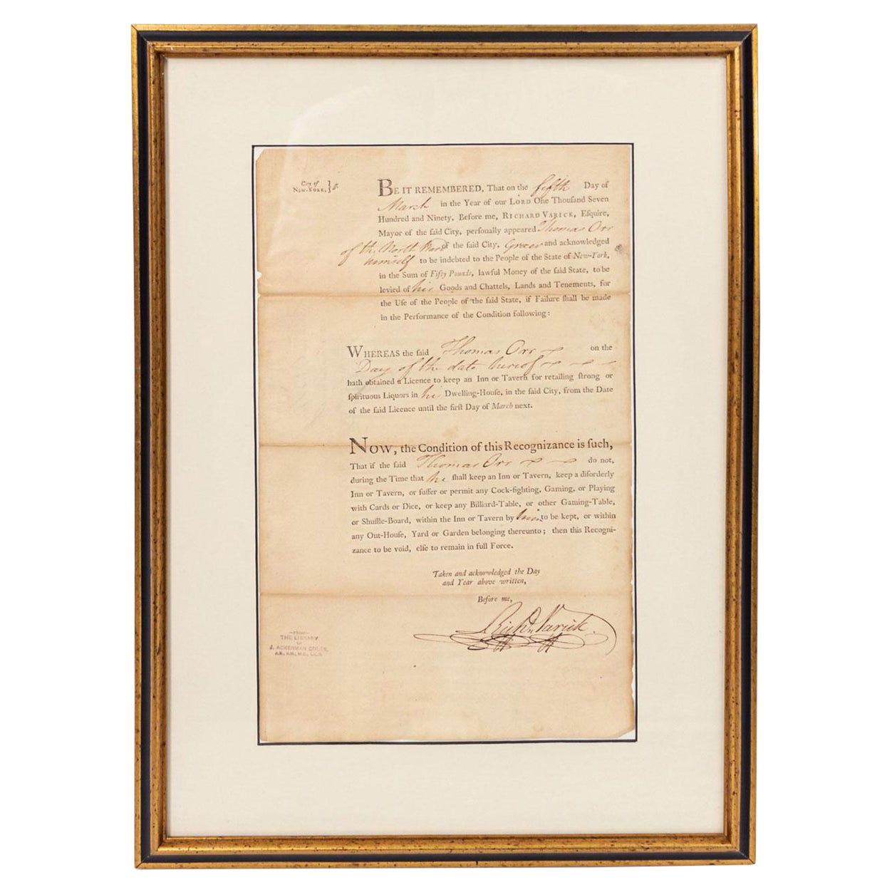 18th Century Inn License in a Gilt Frame