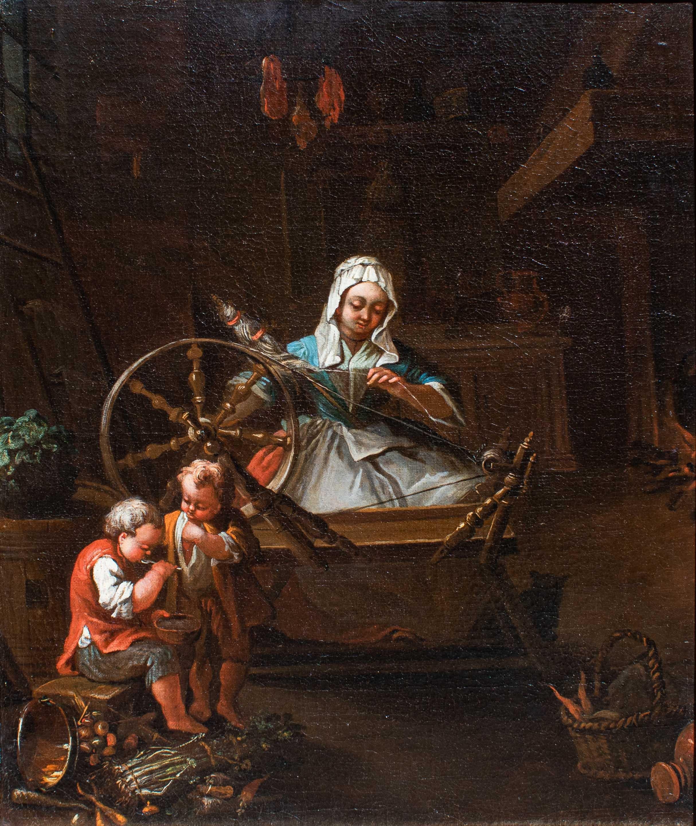 Flemish school, 18th century
Interior scene with spinner
Oil on canvas, 52.2 x 42.5 cm - with frame 60 x 50 x 4.5 cm

The typically Flemish frankness in restoring a scene of life hosannas, in this painting, the everyday life of the home. A woman