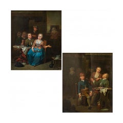 18th Century Interior Scenes Painting Oil on Panel by Lambrechts