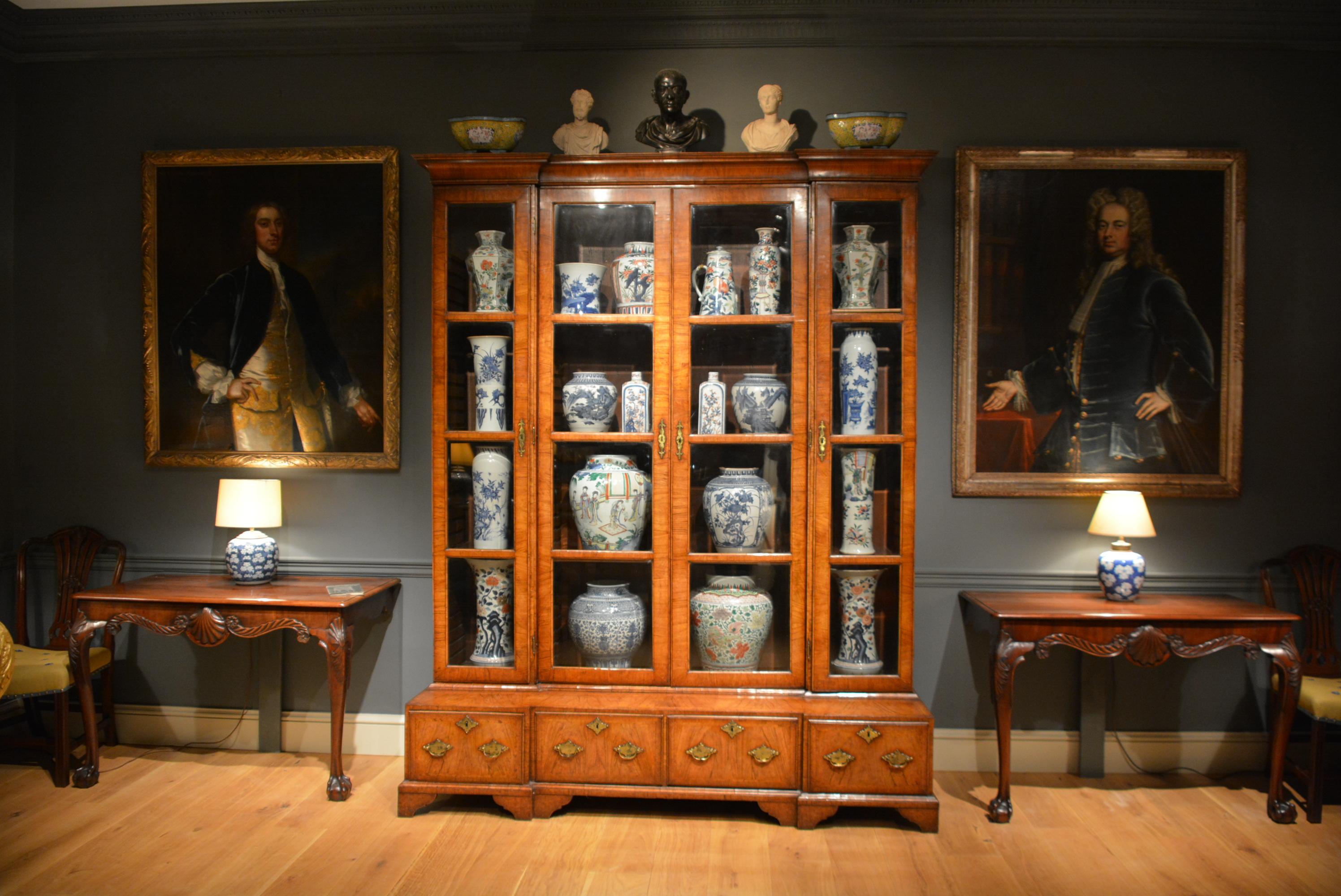 English 18th Century Inverted Breakfront Veneered Walnut Bookcase or China Cabinet