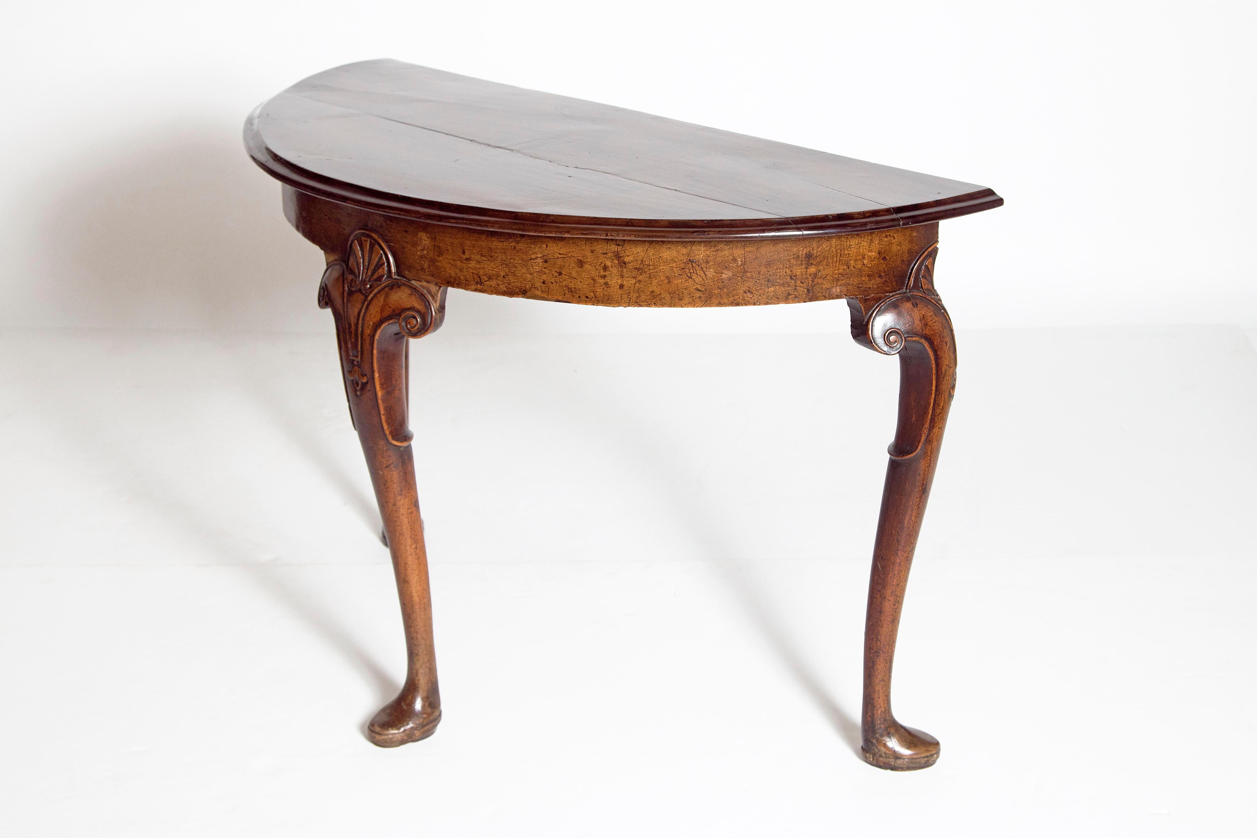Hand-Carved 18th Century Irish George I Walnut Demi-Lune Table
