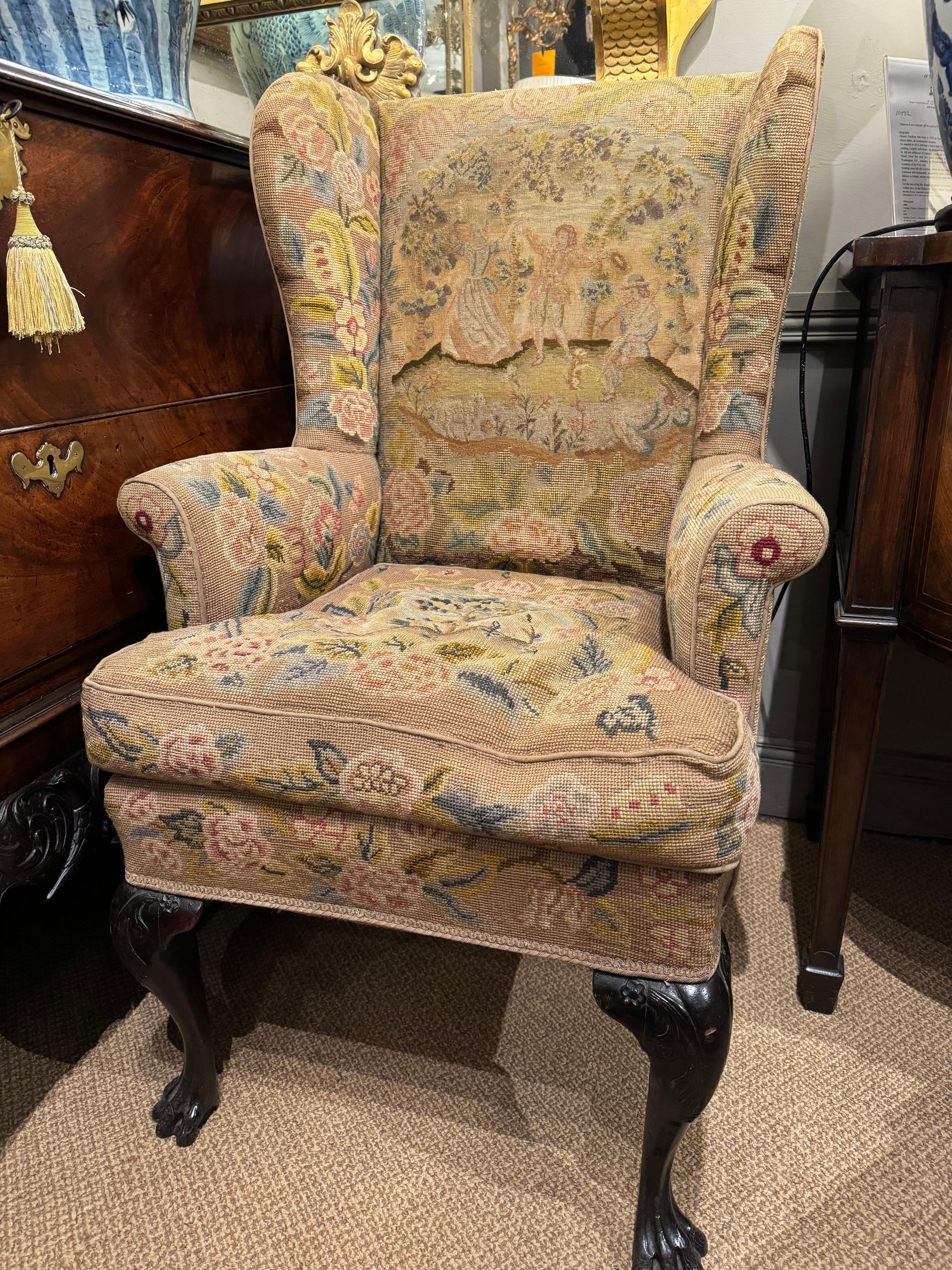 Tapestry 18th Century Irish George II Wingback Armchair For Sale