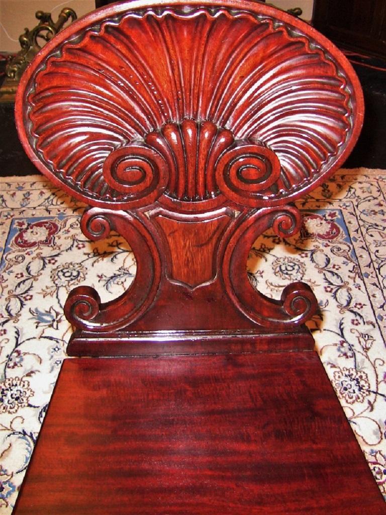 Hand-Carved 18th Century Irish Georgian Mahogany Hall Chair with Scallop Back