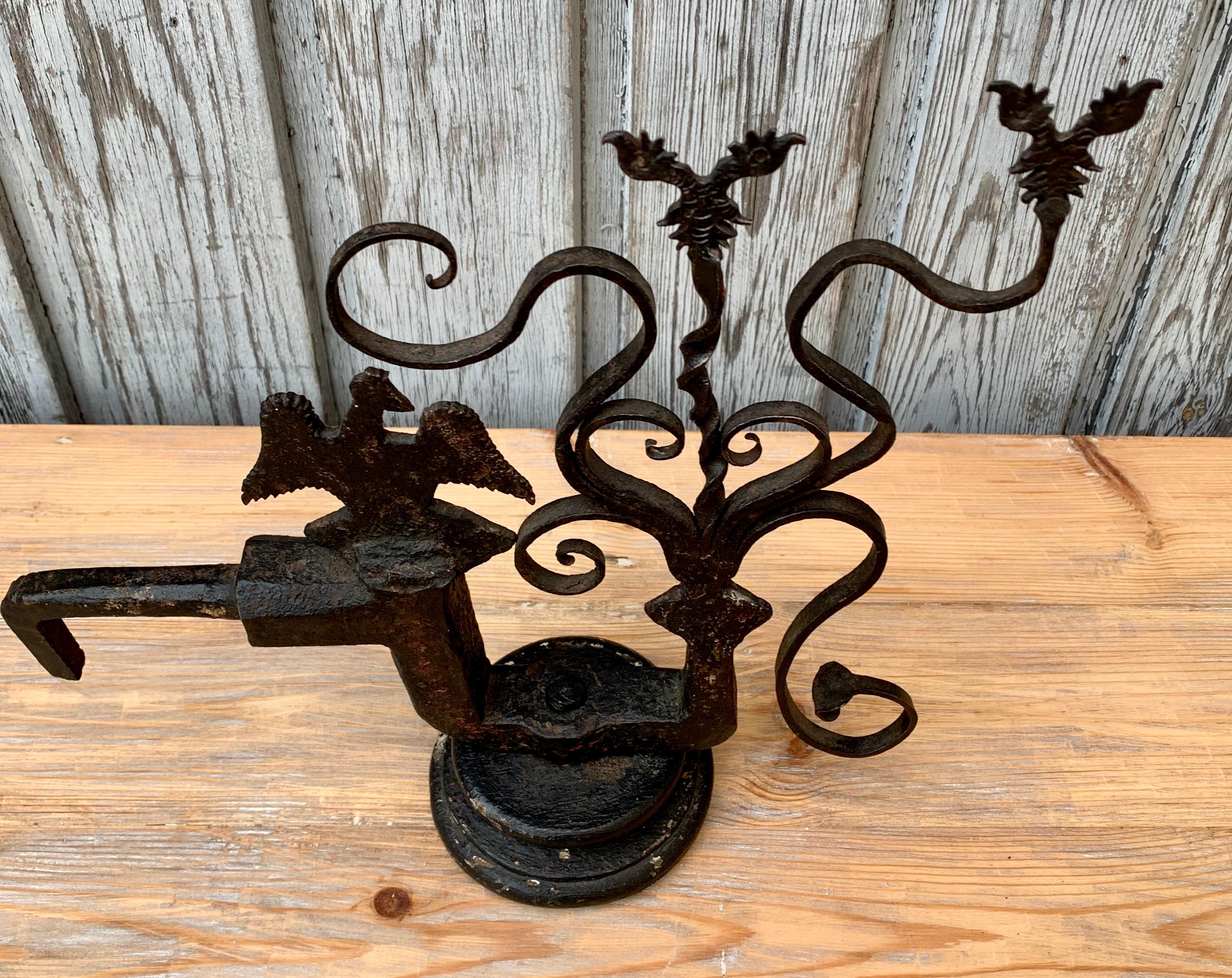 Folk Art 18th Century Iron Weather-Vane with European Eagle Emblem on Wooden Stand