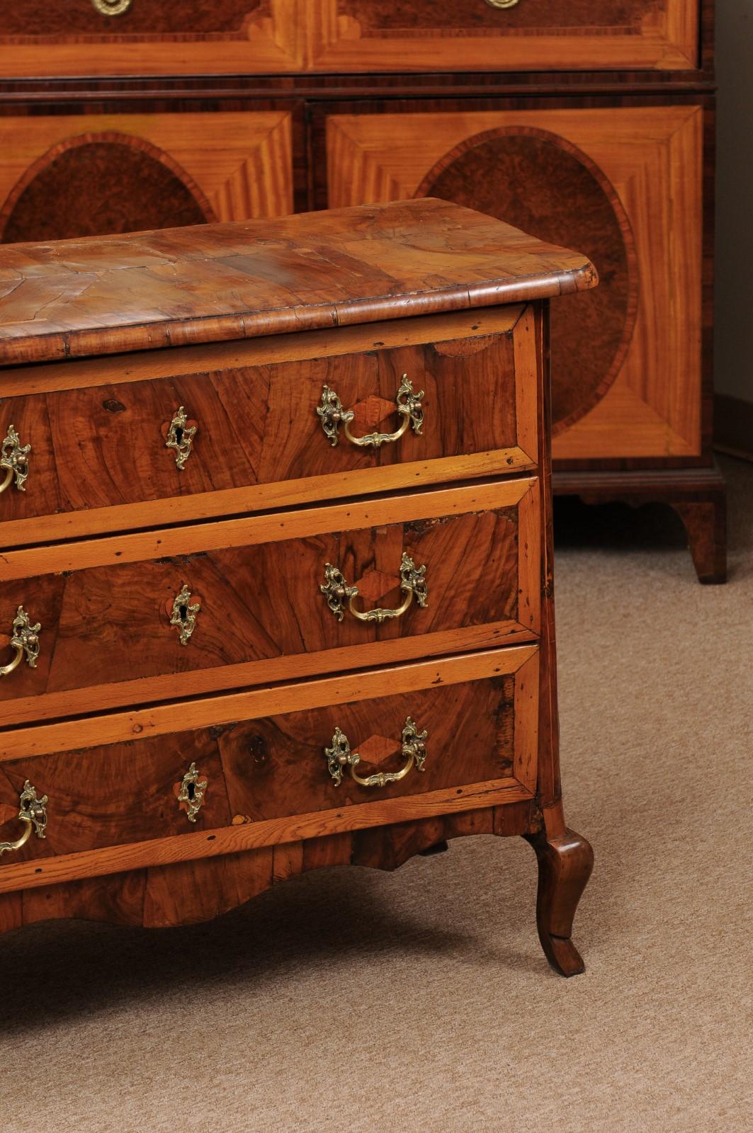 18th Century Italian 3-Drawer Commode in Olivewood with Cabriole Legs For Sale 1