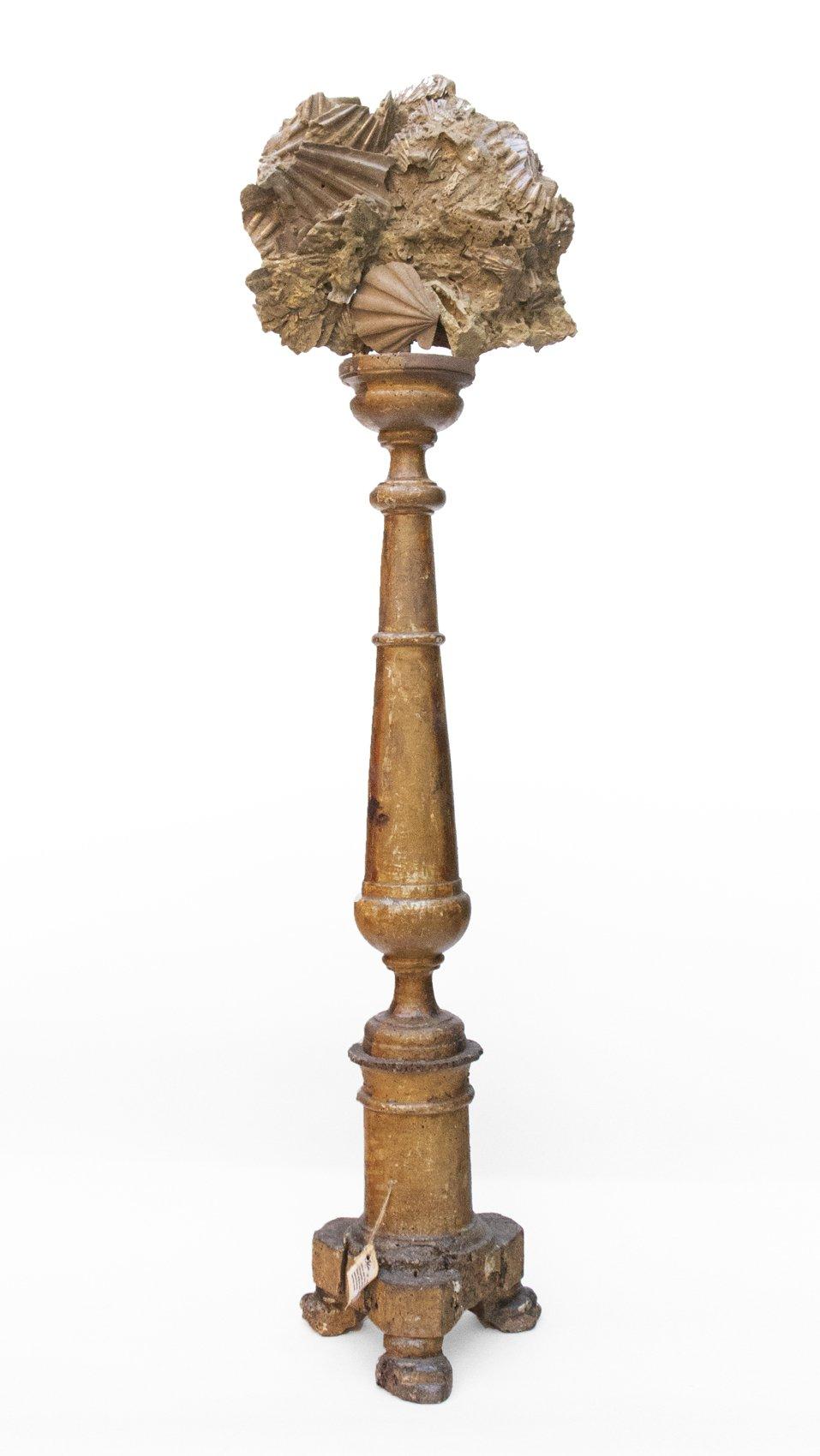 Hand-Carved 18th Century Italian Altar Stick with a Chesapecten Fossil Shell and Pearls  For Sale