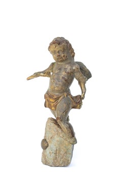 18th Century Italian Angel Adorned with Fossil Shells and Mounted on Aquamarine