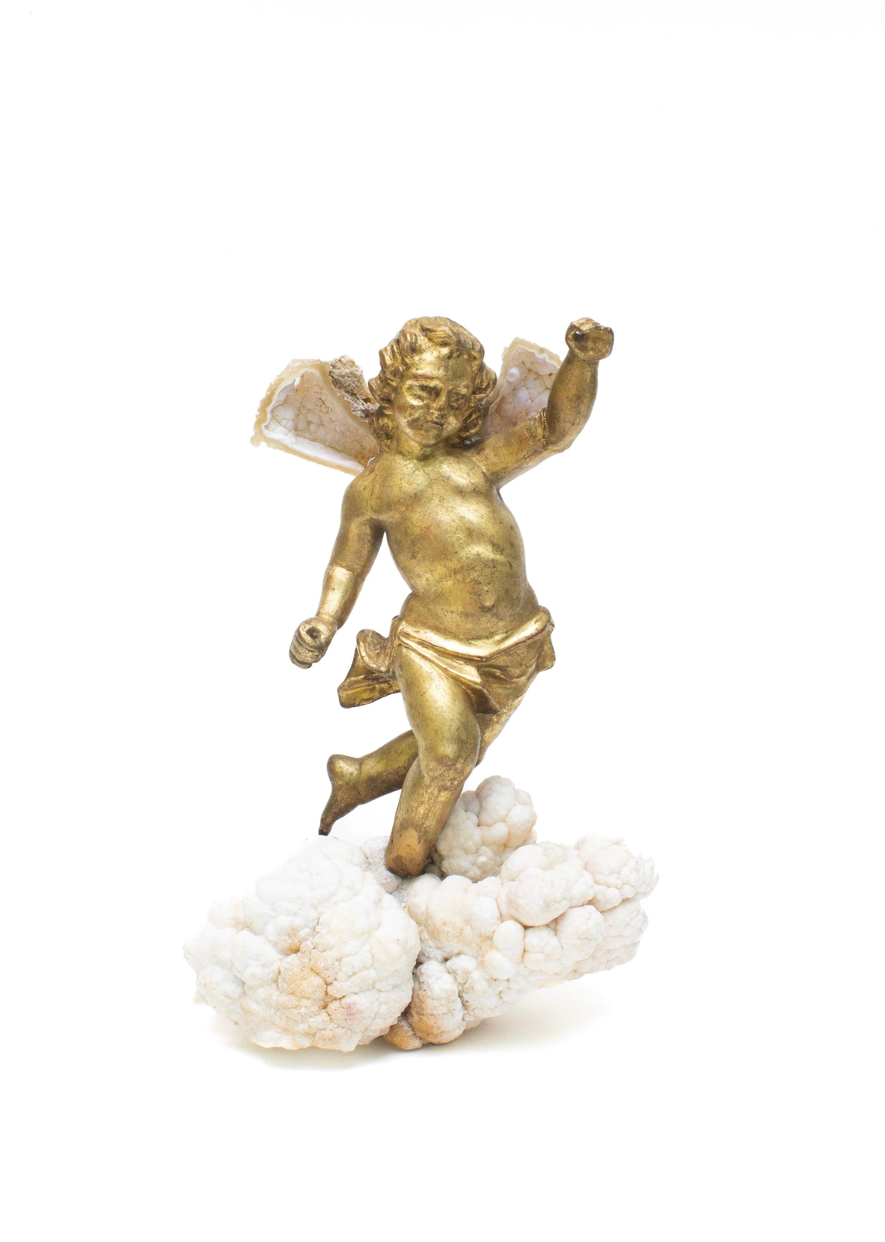 Rococo 18th Century Italian Angel Mounted with Fossil Agate Coral Wings on Aragonite For Sale