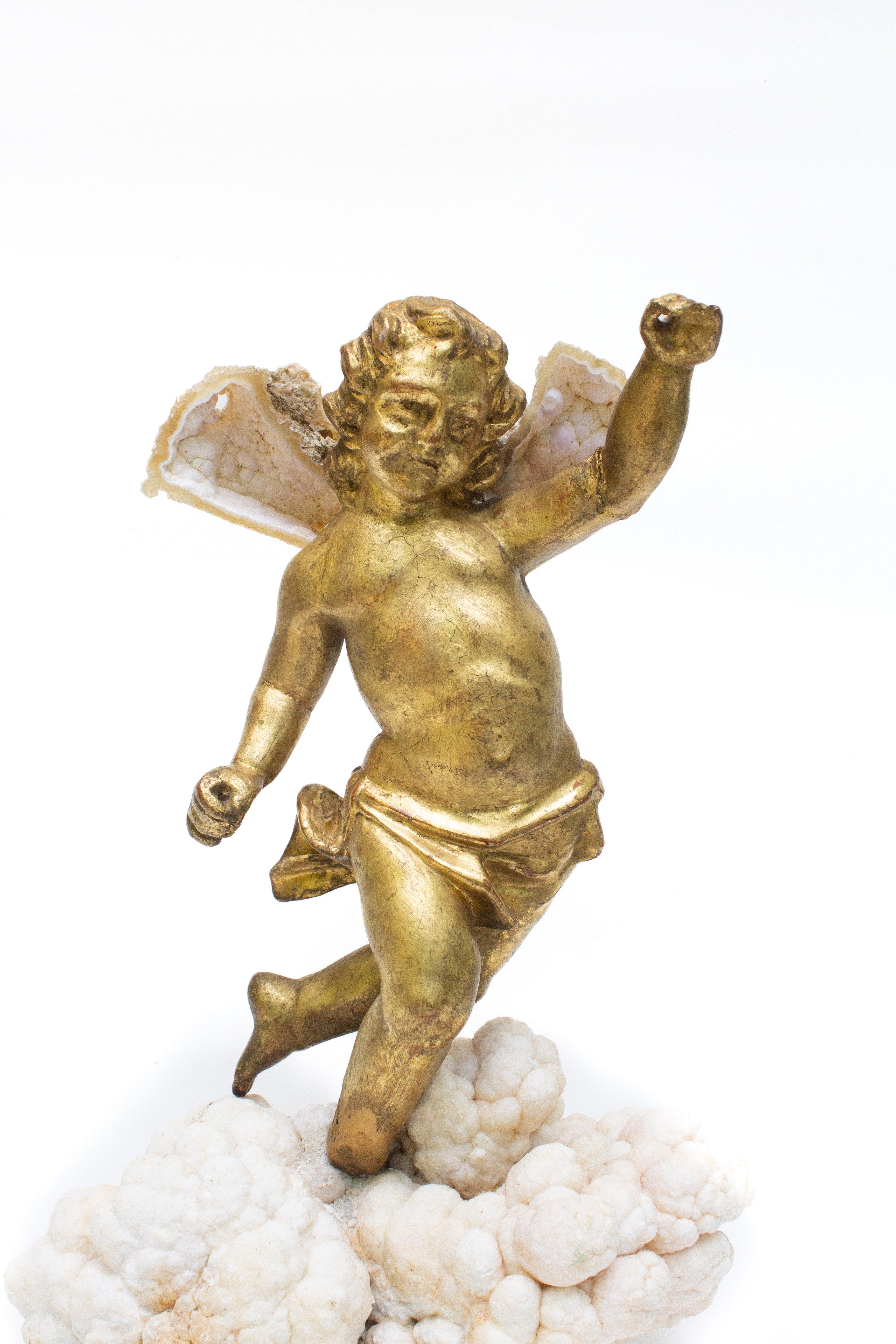 Hand-Carved 18th Century Italian Angel Mounted with Fossil Agate Coral Wings on Aragonite For Sale