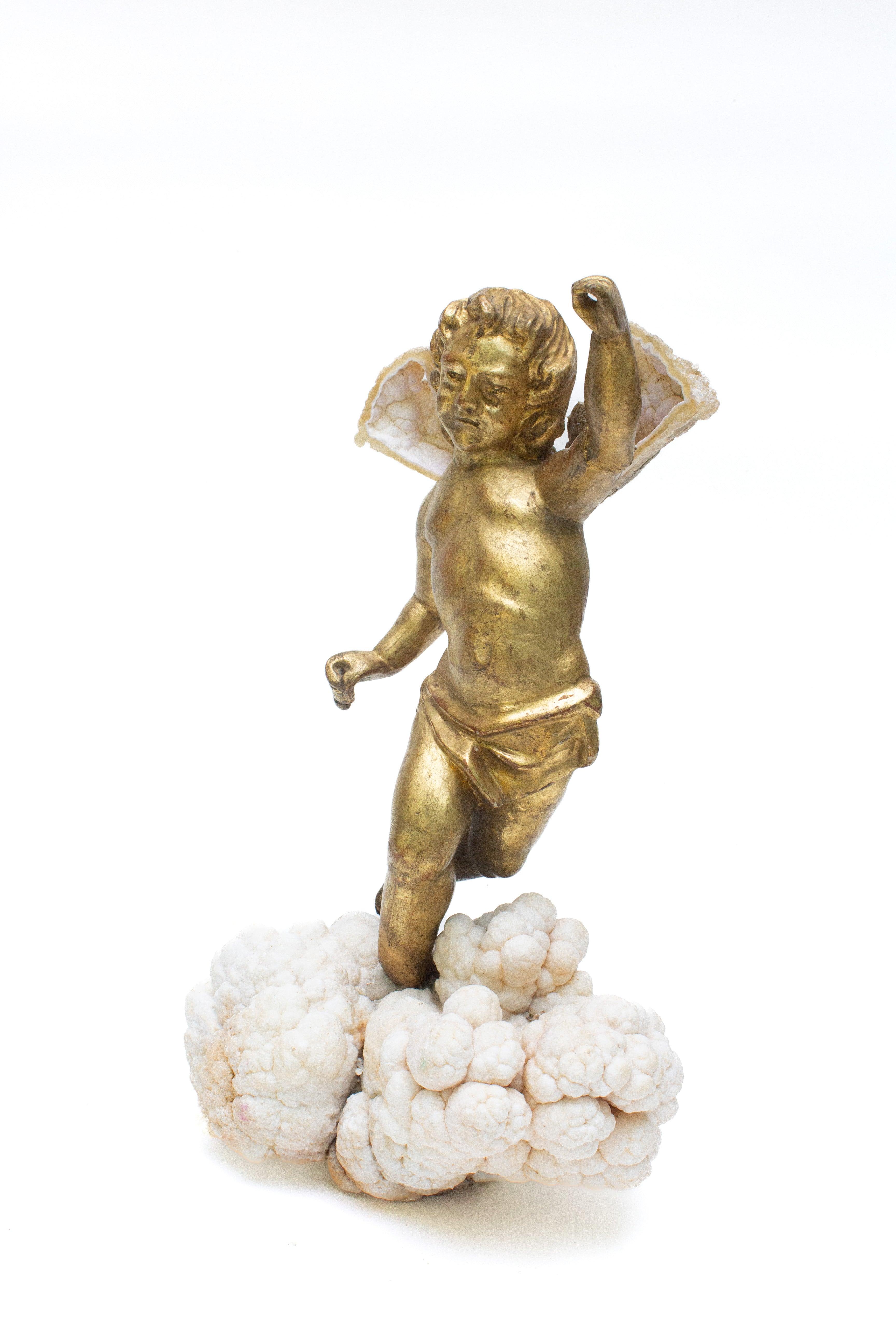 18th Century and Earlier 18th Century Italian Angel Mounted with Fossil Agate Coral Wings on Aragonite For Sale