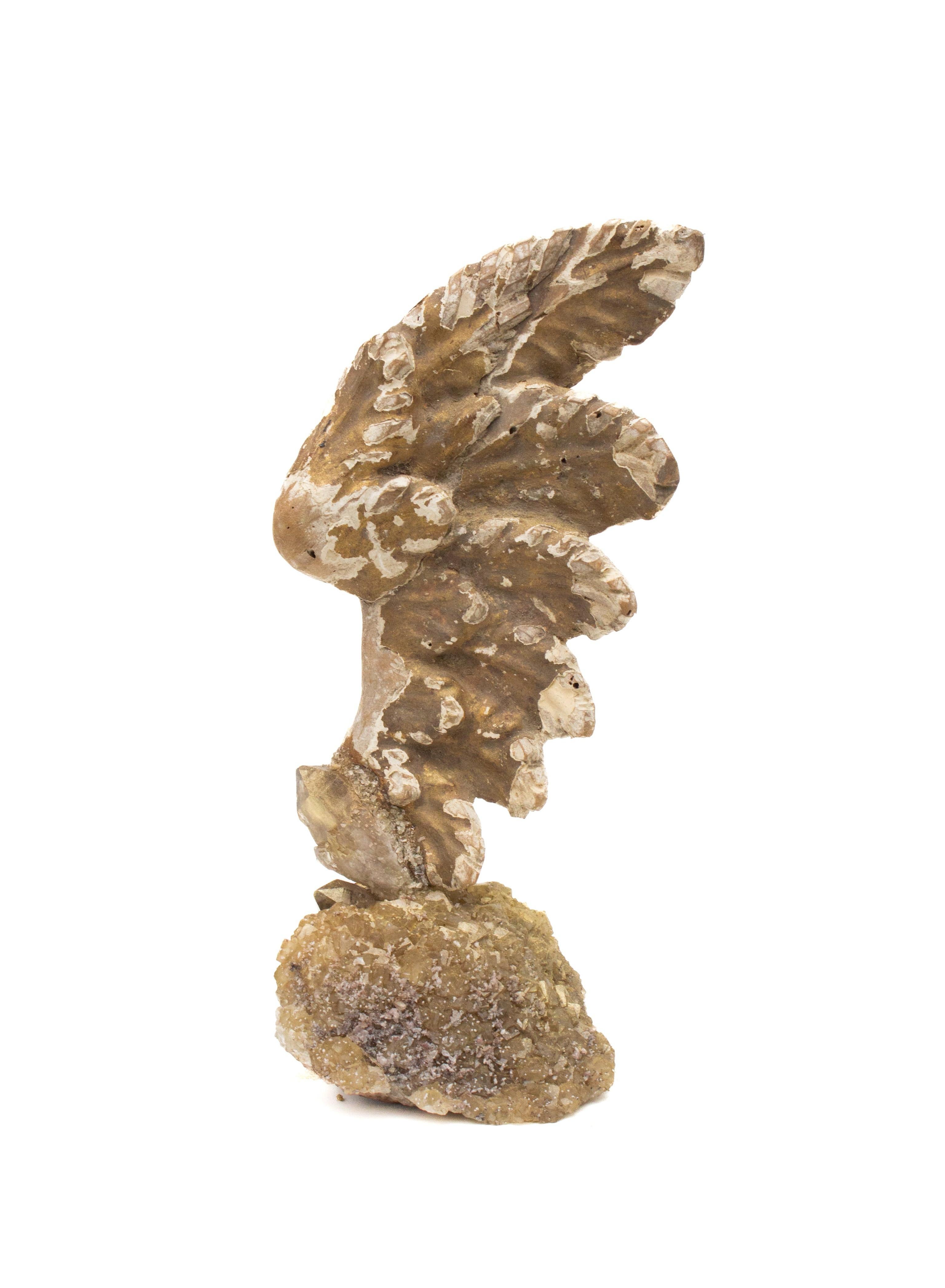 Sculptural 18th century Italian hand-carved angel wing mounted on a calcite crystal cluster and adorned with citrine points. The hand-carved angel wing was once part of a heavenly, angelic depiction in a historical church in Italy. 

The piece is
