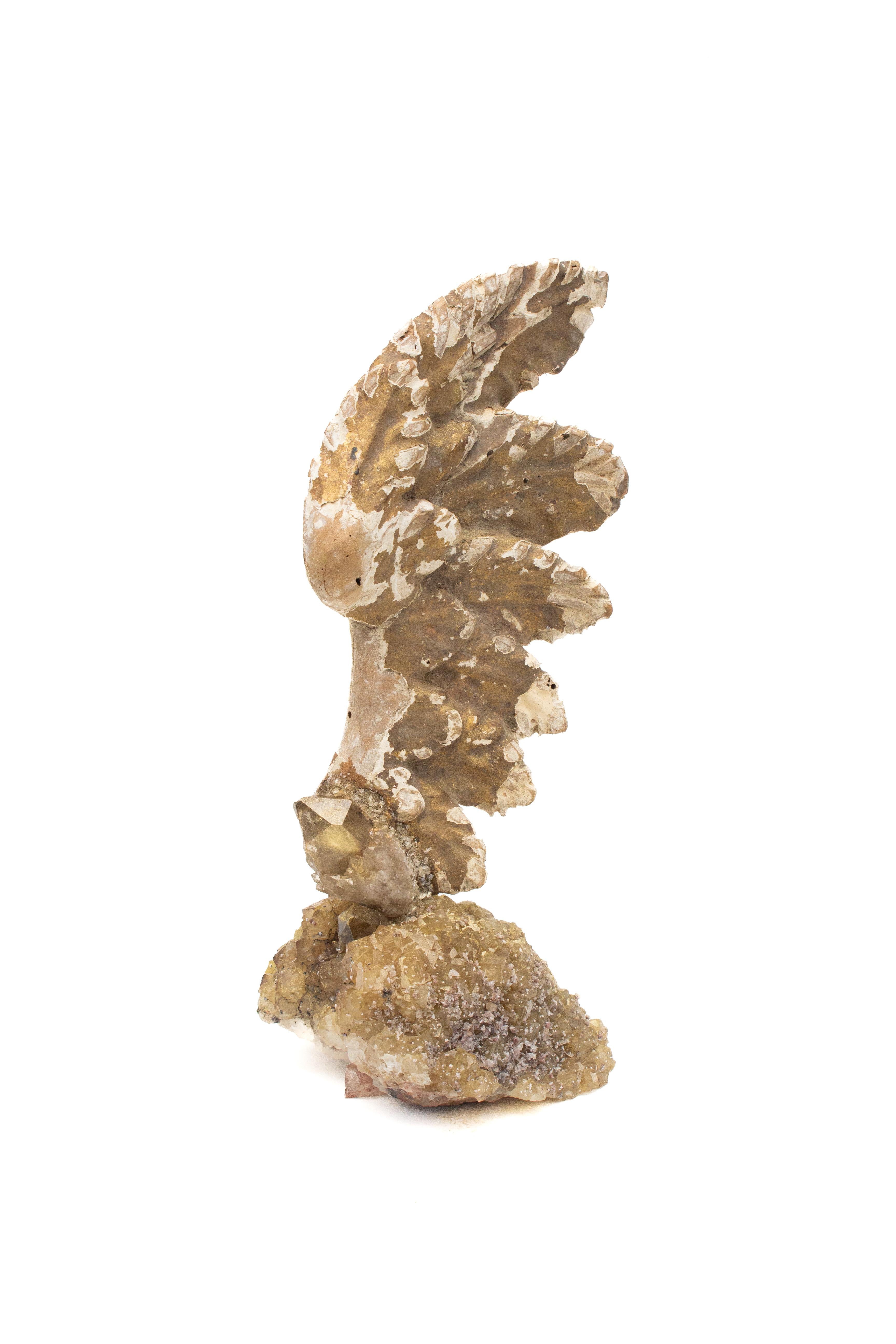 18th Century Italian Angel Wing on a Calcite Cluster with Citrine Points In Good Condition For Sale In Dublin, Dalkey