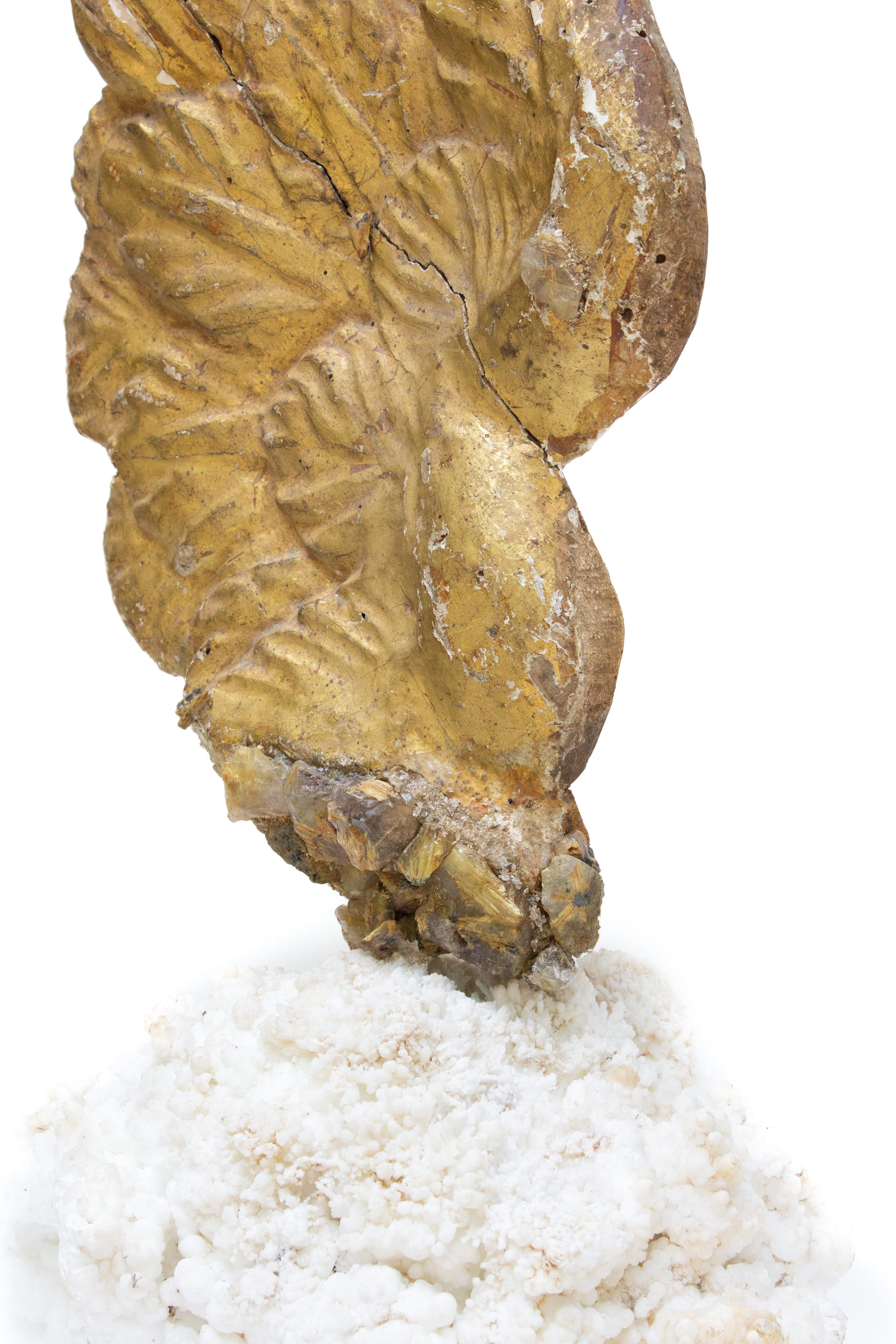 Hand-Carved 18th Century Italian Angel Wing with Rutilated Quartz on an Aragonite Base For Sale
