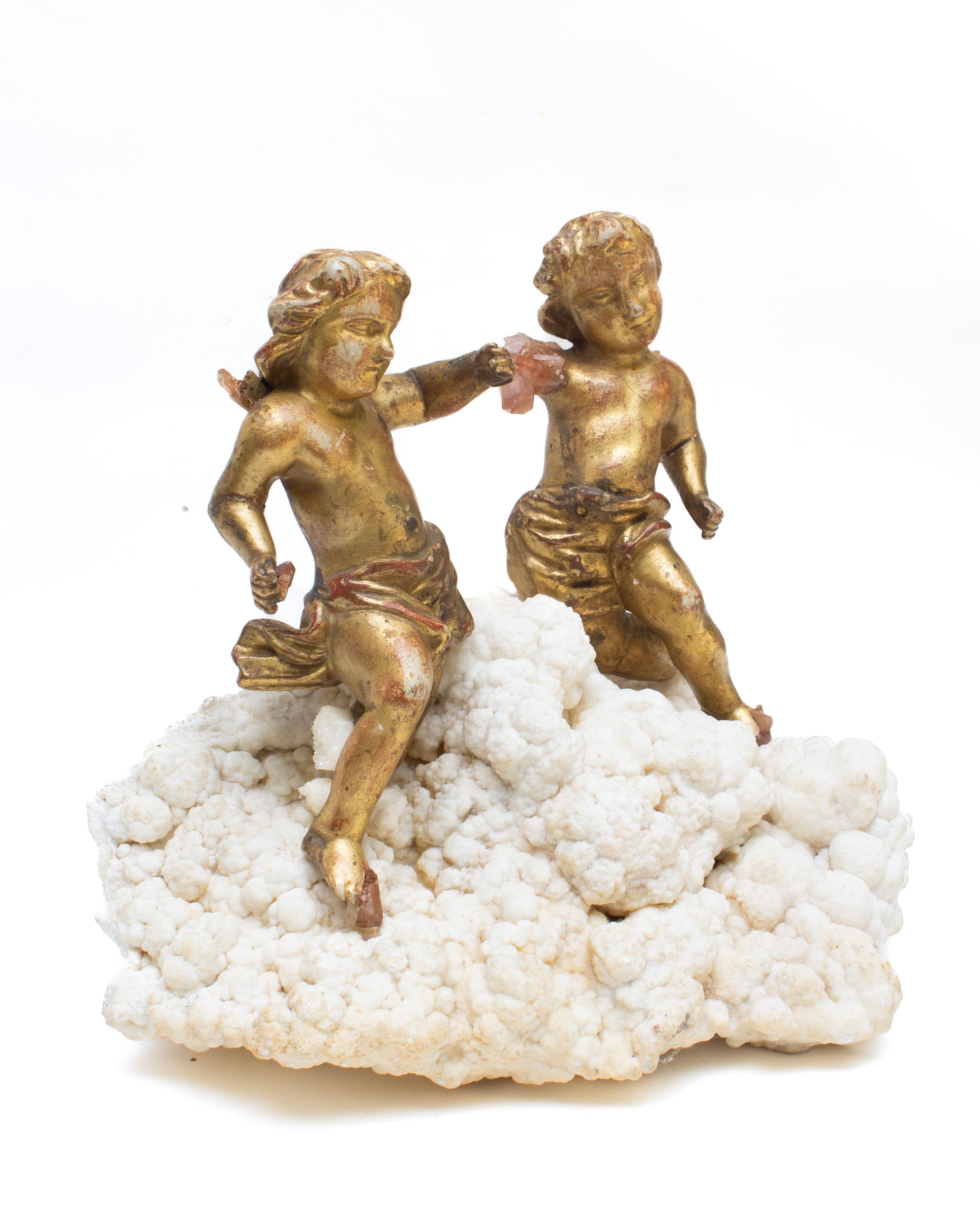 Rococo 18th Century Italian Angels with Tangerine Quartz Crystals Mounted on Aragonite For Sale