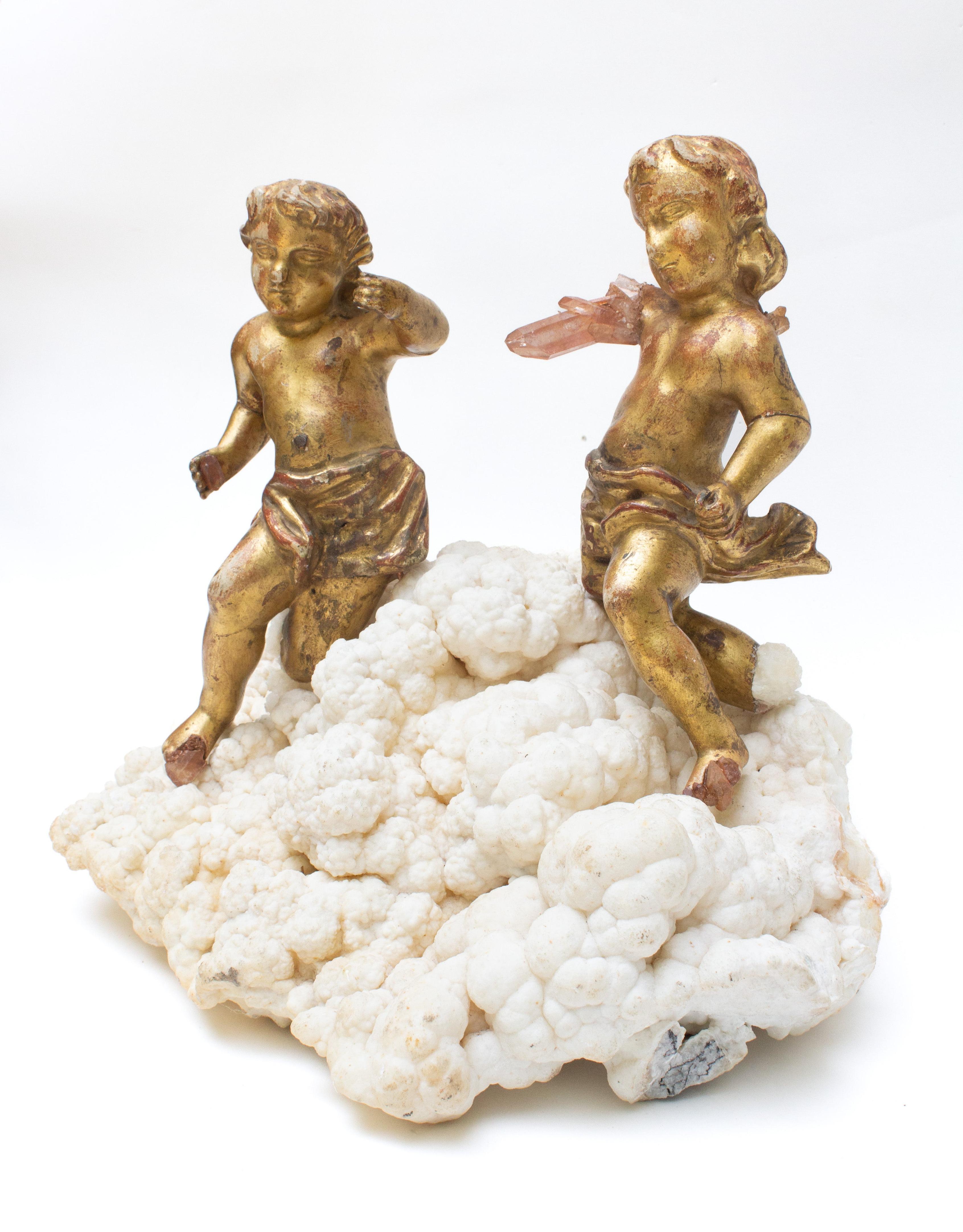 Hand-Carved 18th Century Italian Angels with Tangerine Quartz Crystals Mounted on Aragonite For Sale