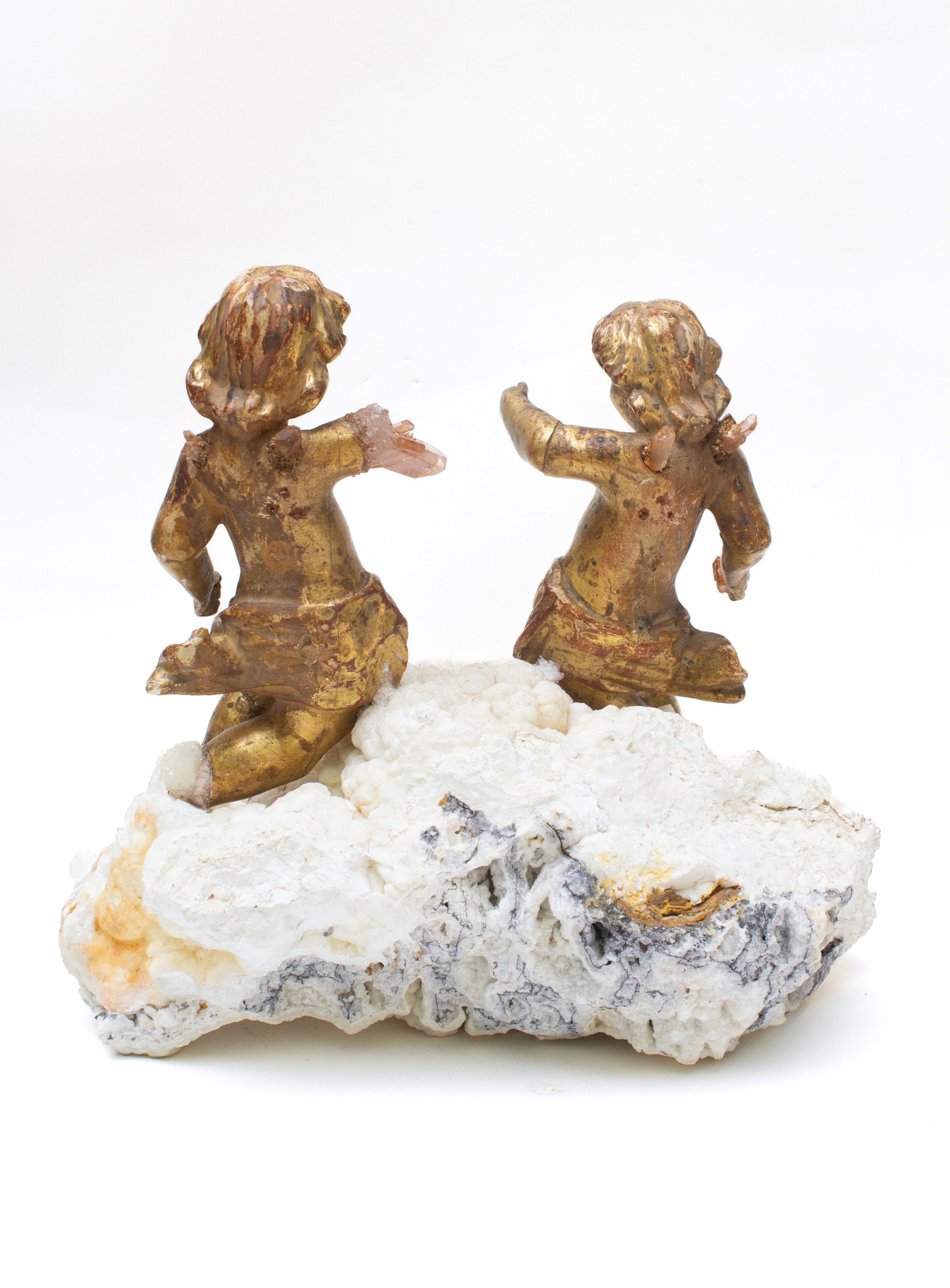 18th Century and Earlier 18th Century Italian Angels with Tangerine Quartz Crystals Mounted on Aragonite For Sale
