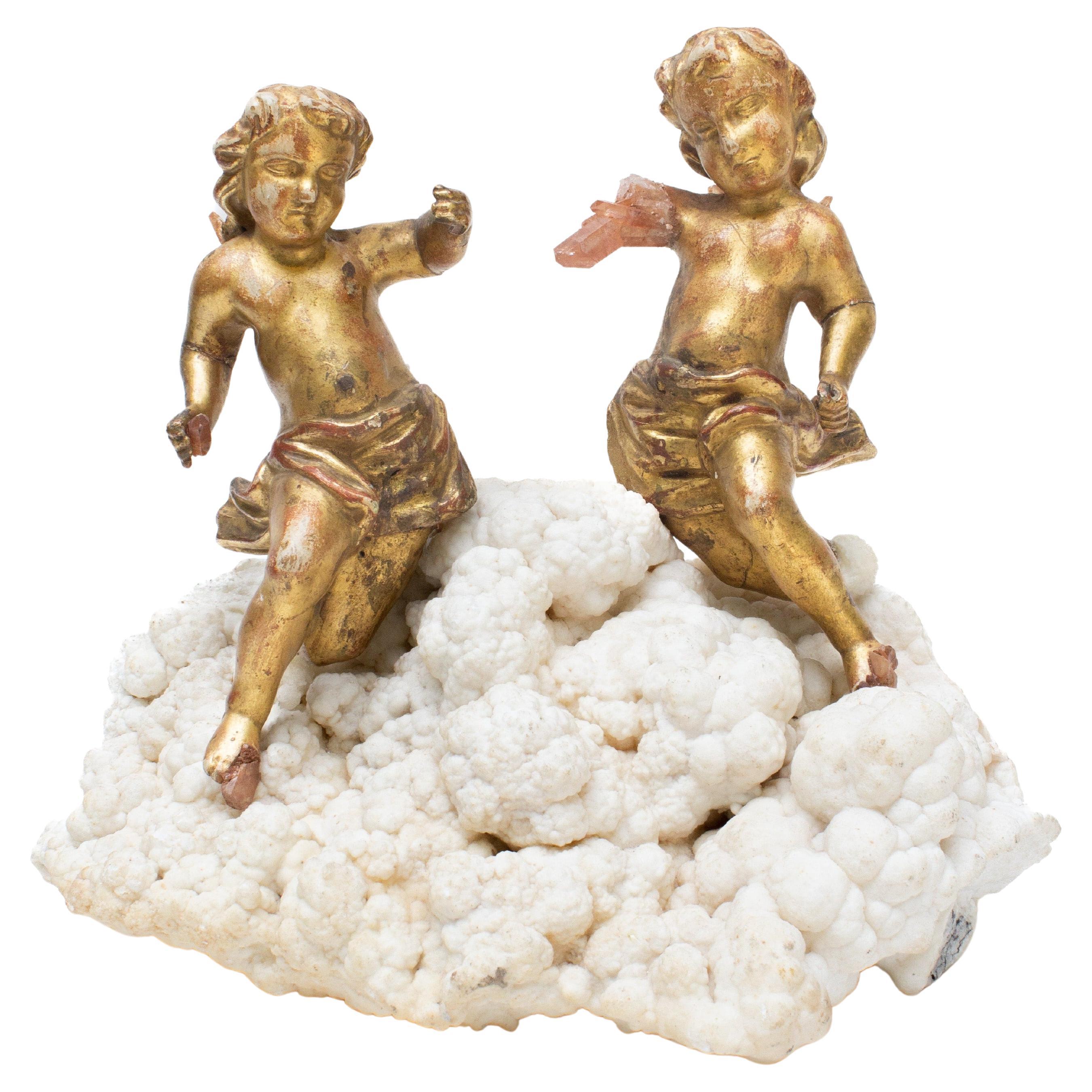 18th Century Italian Angels with Tangerine Quartz Crystals Mounted on Aragonite For Sale