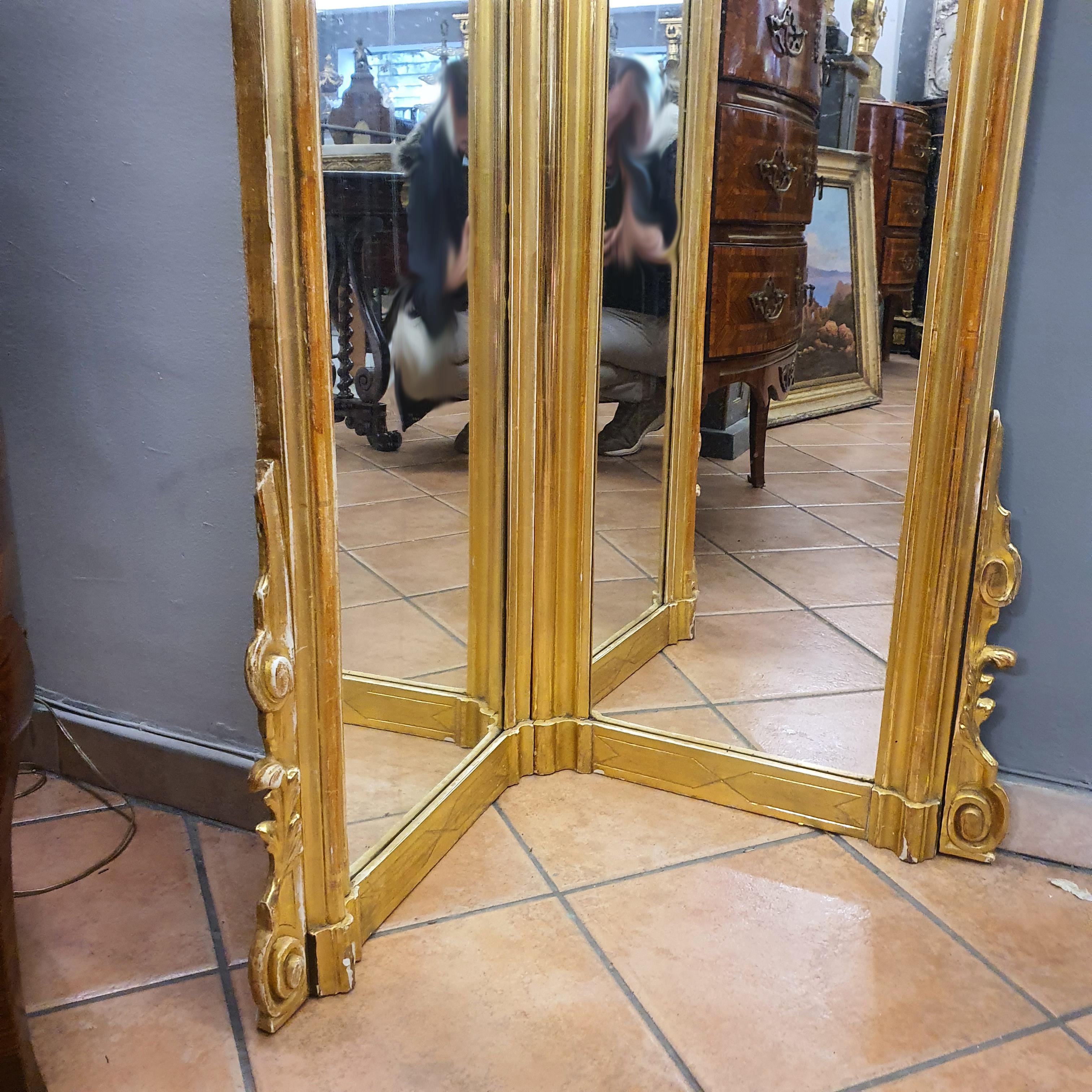 Louis XV 18th Century, Italian Angular Floor Mirror, Pure Gold Leaf For Sale