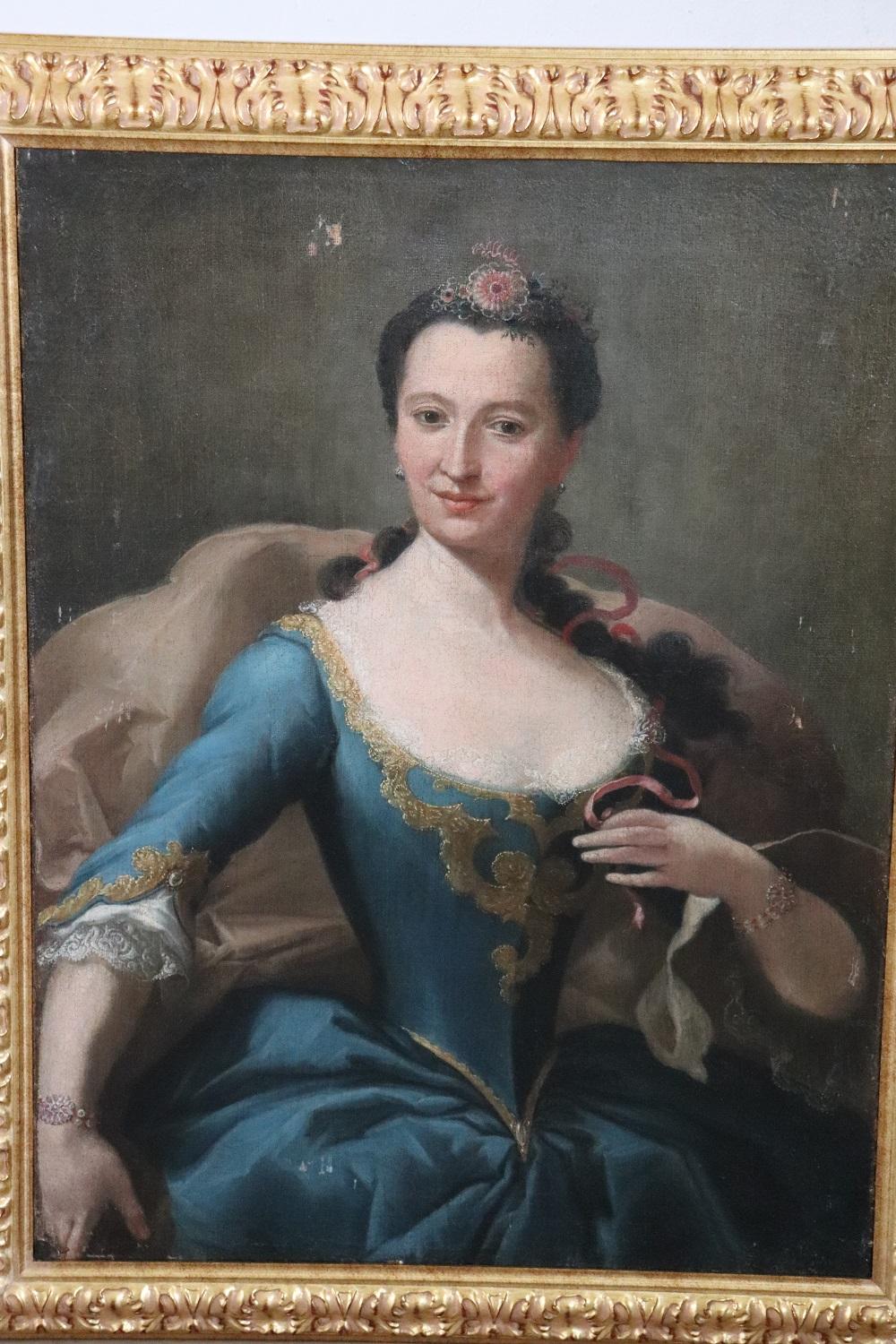 Beautiful antique oil painting on canvas 1750s. A splendid portrait of a Noble Lady. Excellent pictorial quality great attention to detail. Gorgeous Lady with a sweet and happy expression of her noble life. The hairstyle, the fair skin and the