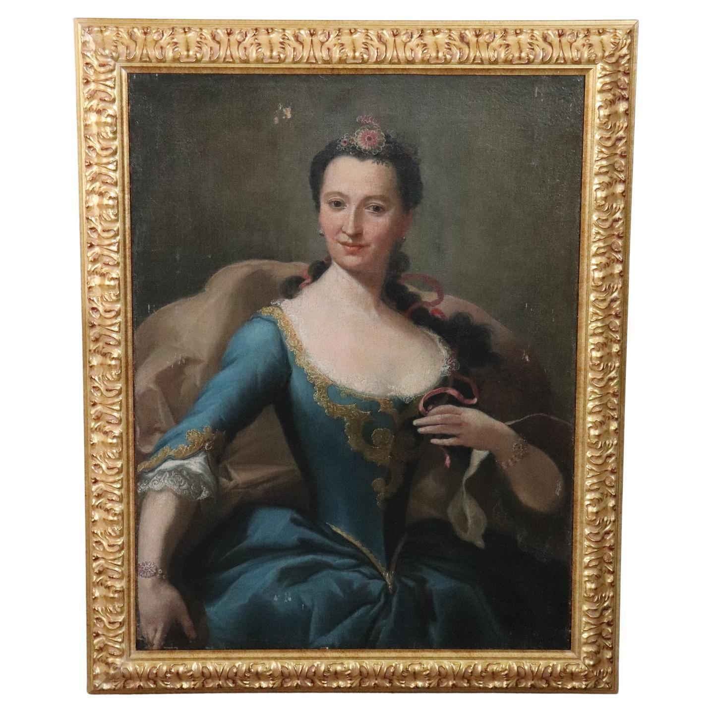 18th Century Italian Antique Oil on Canvas Painting Portrait of a Noble Lady